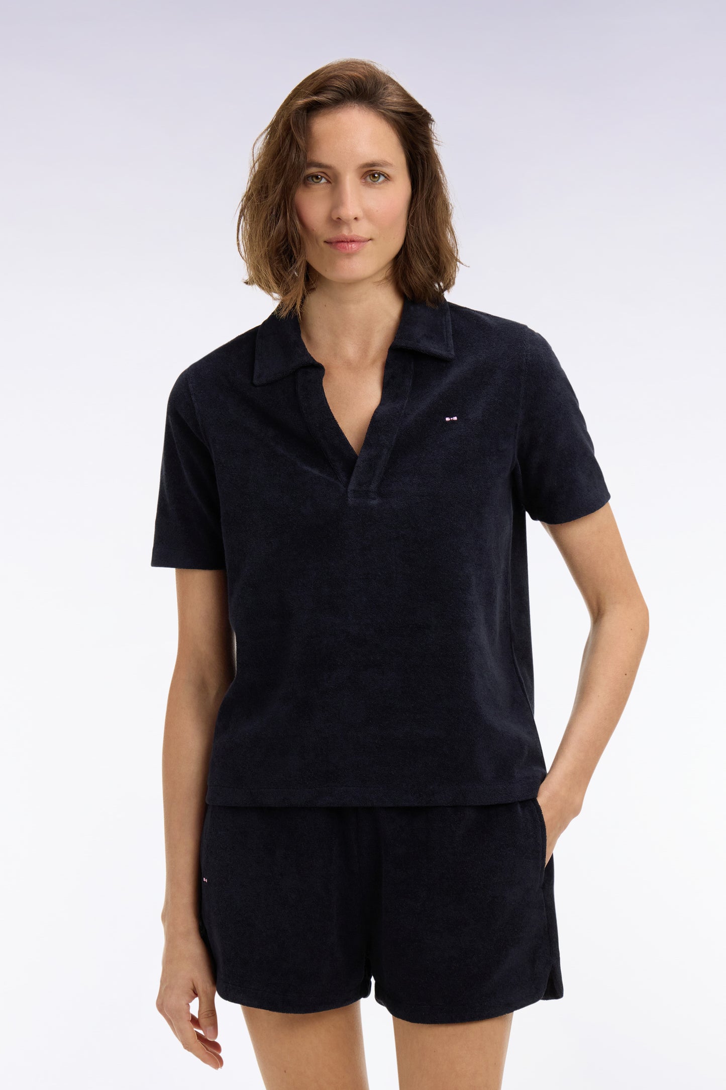 Regular fit navy cotton terry short-sleeved polo shirt