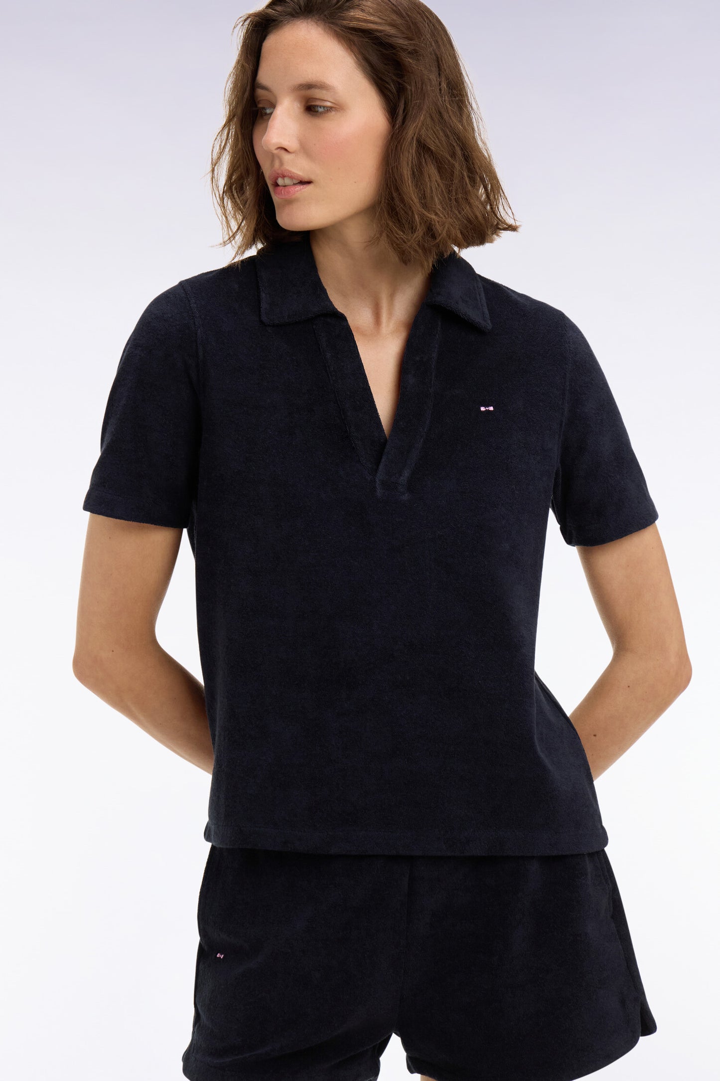 Regular fit navy cotton terry short-sleeved polo shirt