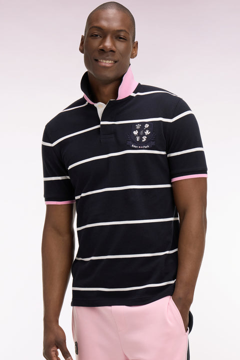 6 Nations short-sleeved polo shirt in navy striped cotton, regular fit - Image 1