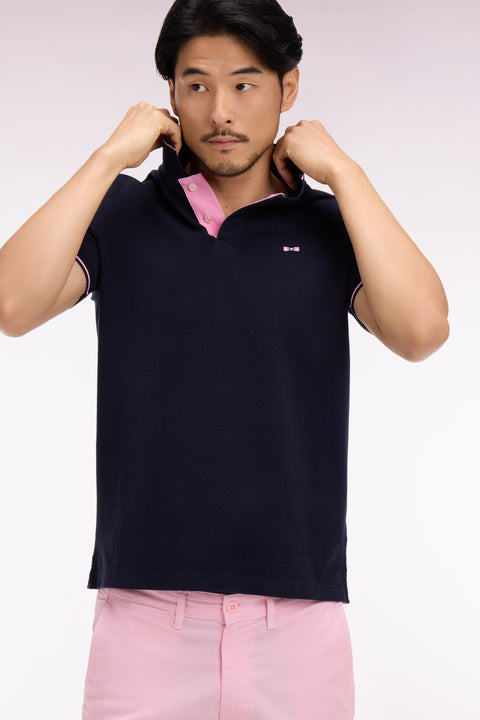 Polo à manches courtes en piqué coton marine broderie dos - Image 1