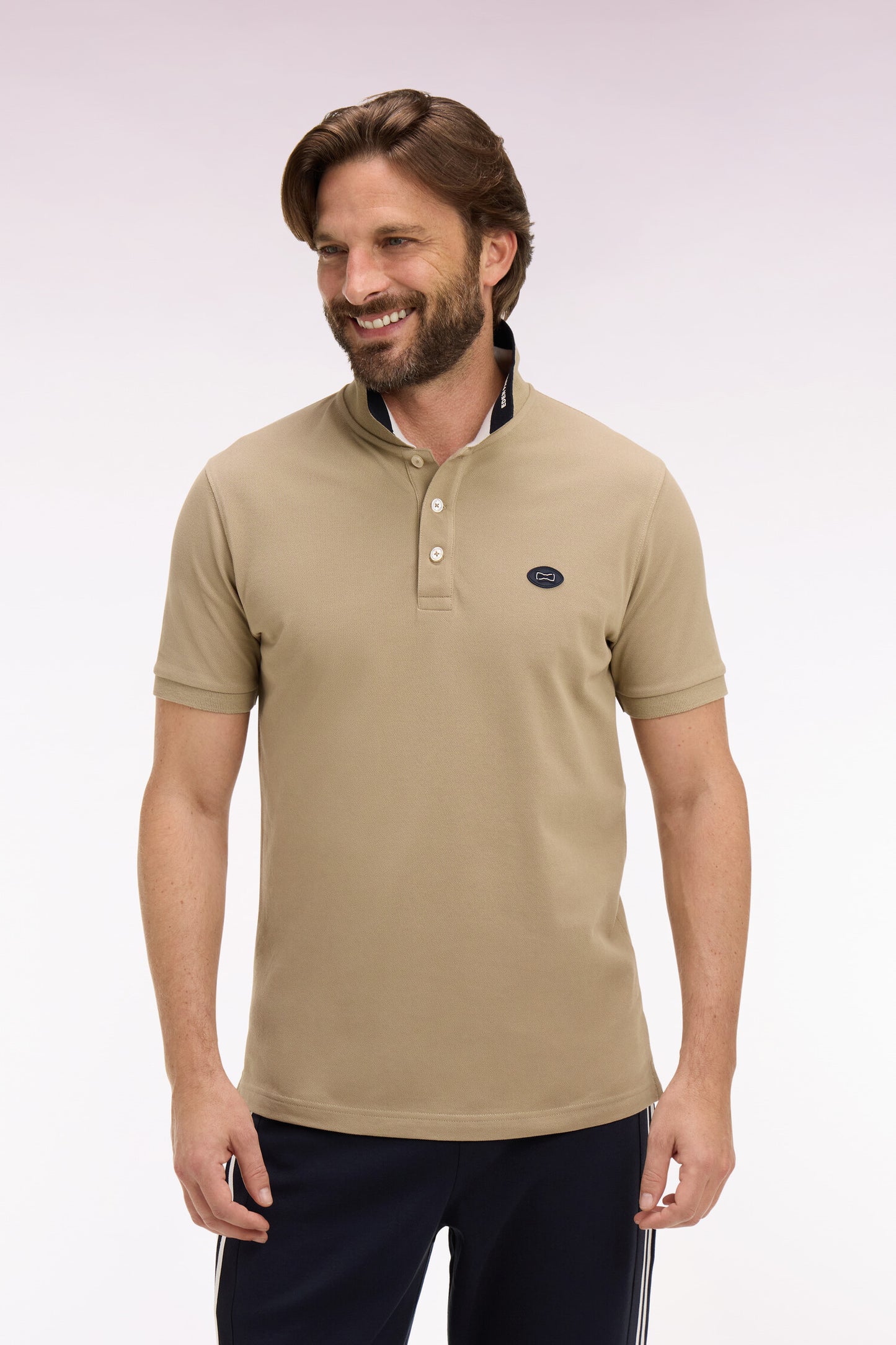 Short-sleeved polo shirt in beige cotton pique regular fit