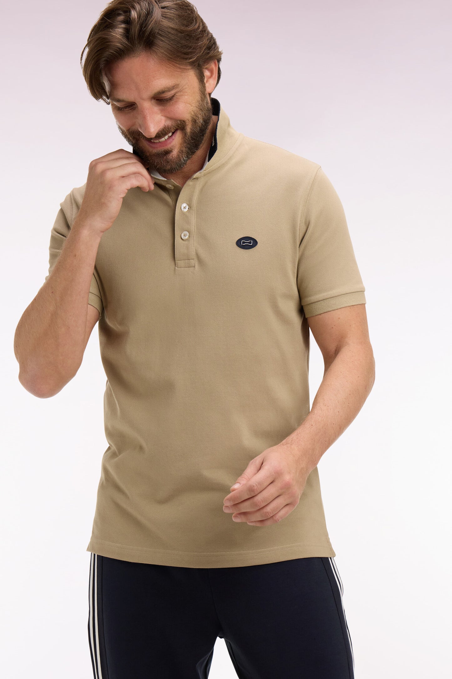 Short-sleeved polo shirt in beige cotton pique regular fit