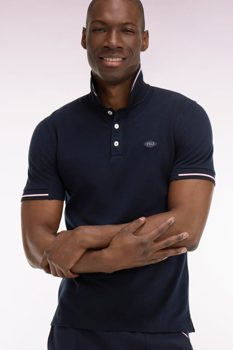 Short-sleeved polo shirt in navy cotton pique - Image 1