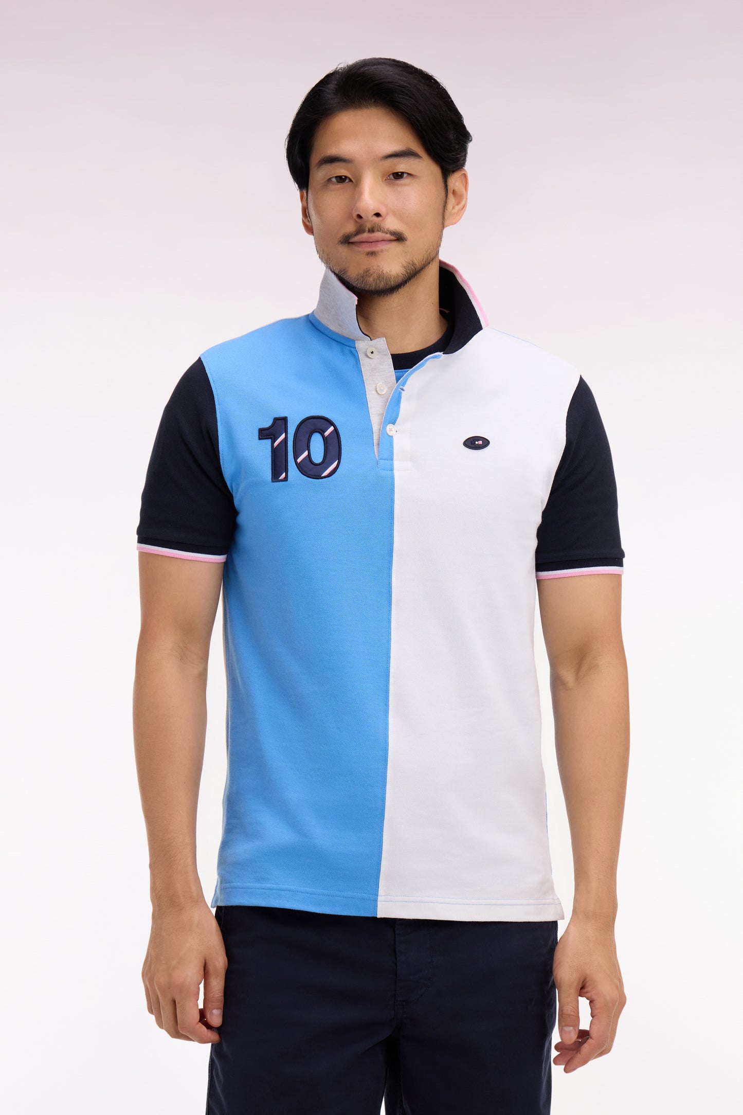 XV de France short-sleeved polo shirt in blue cotton with vertical cutouts