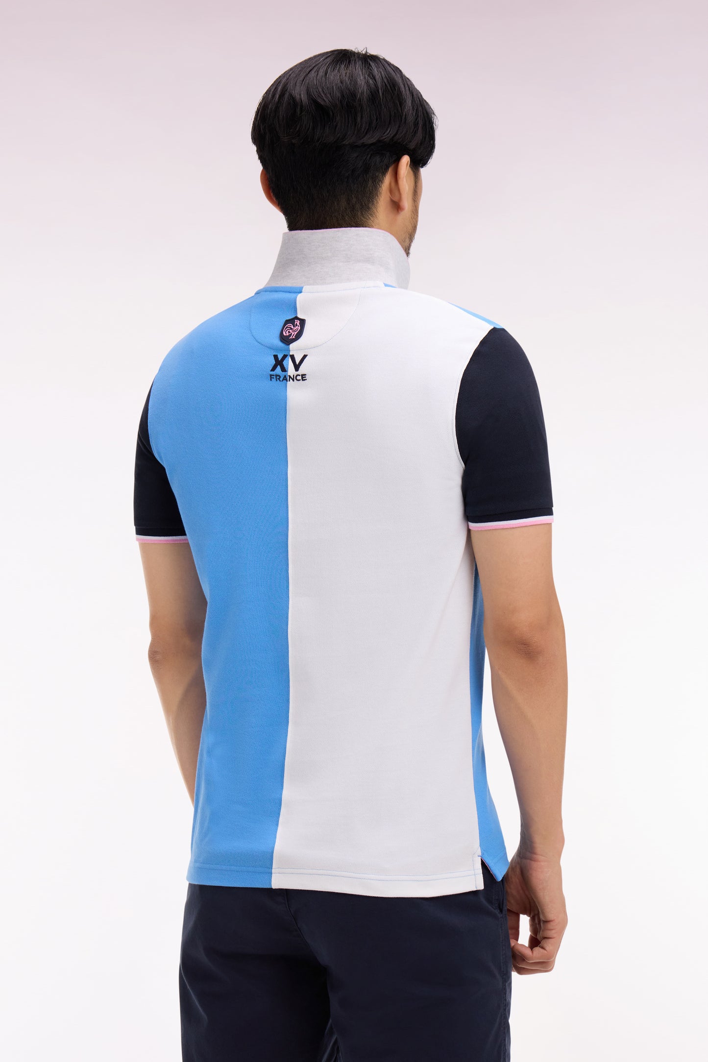 XV de France short-sleeved polo shirt in blue cotton with vertical cutouts
