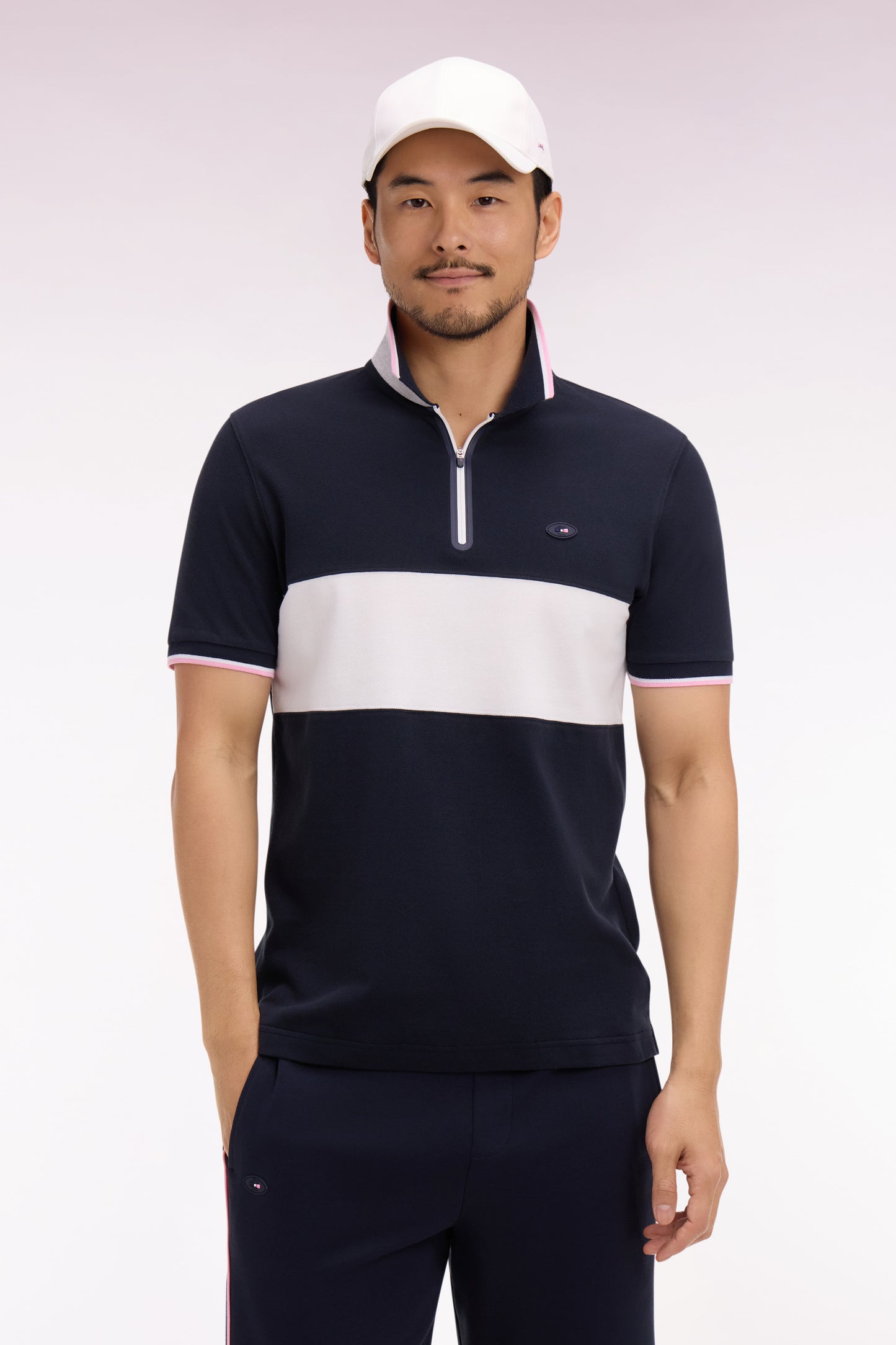 Polo à manches courtes XV de France en piqué coton marine découpes blanches