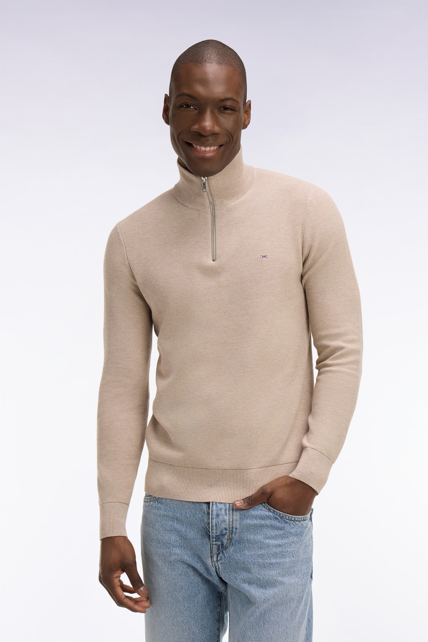Beige cotton trucker neck sweater