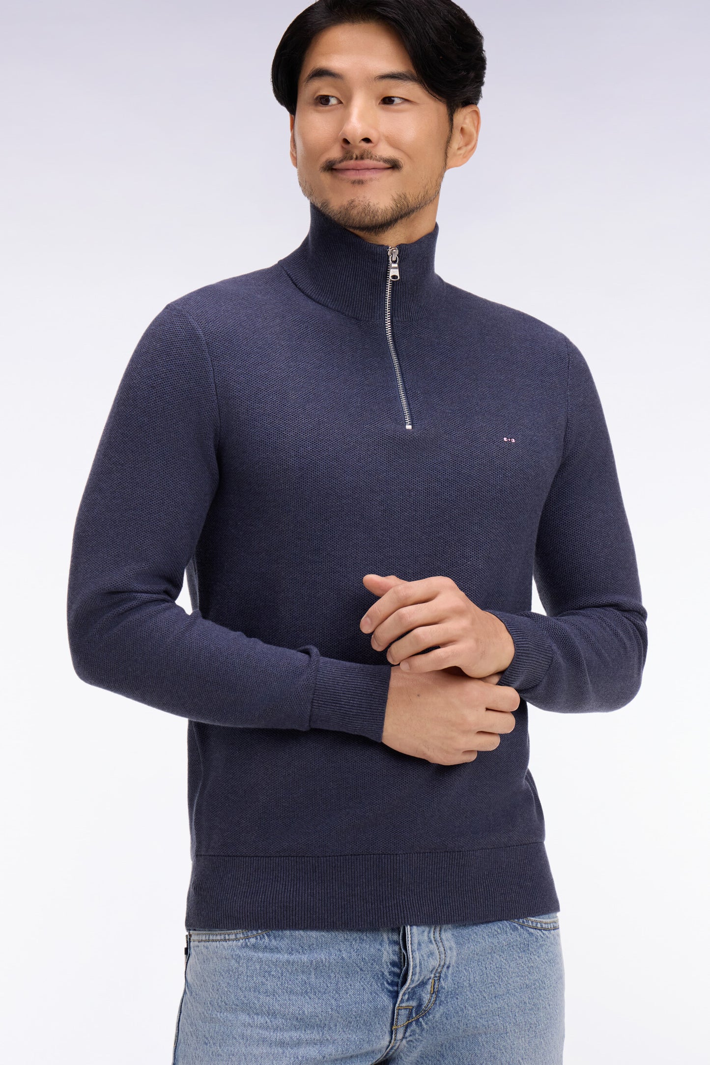 Dark blue cotton trucker neck sweater