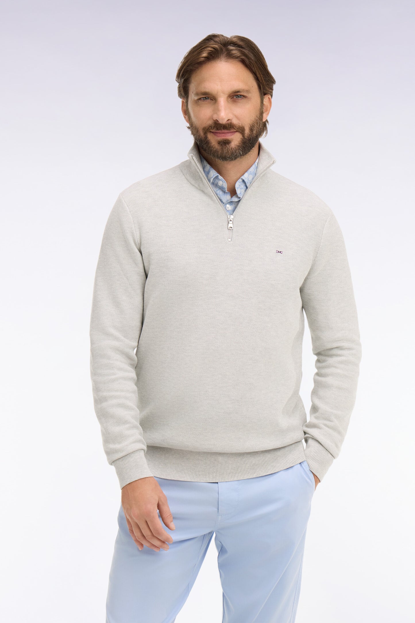 Light gray cotton trucker neck sweater