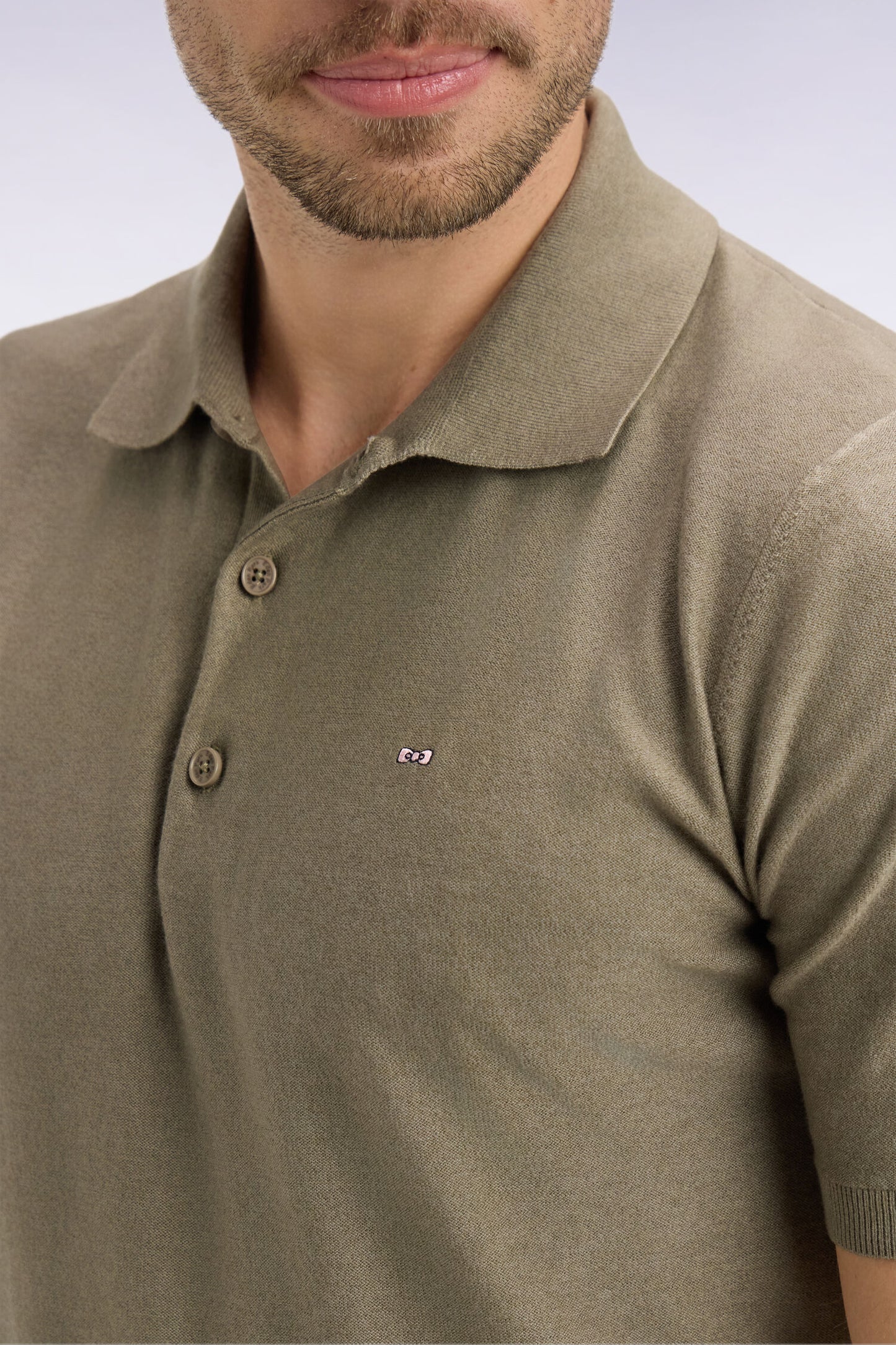 Short-sleeved polo collar sweater in brown cotton and lyocell blend