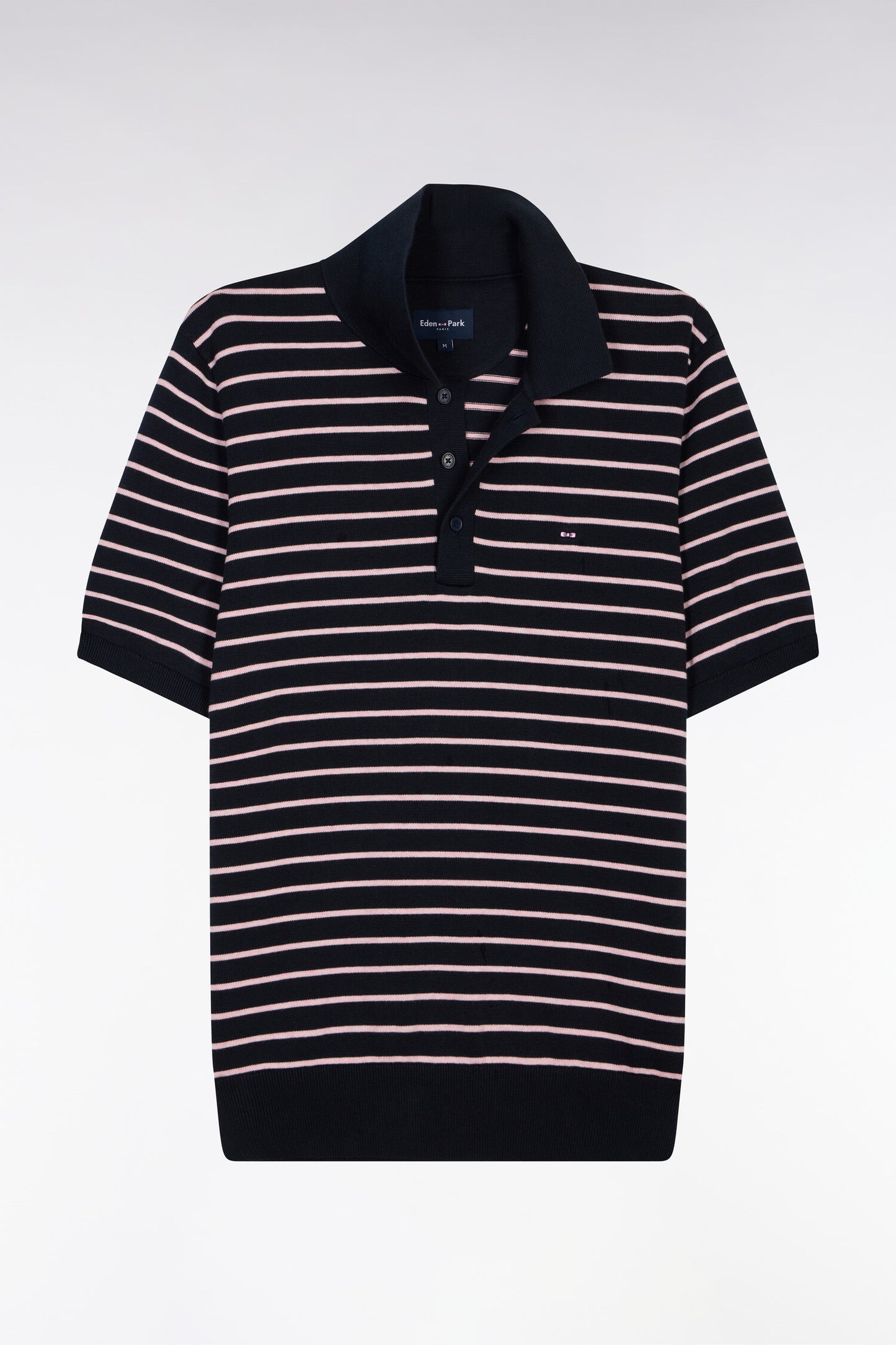 Pull manches courtes à col polo en coton marine rayé