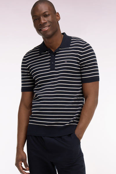 Short-sleeved polo collar sweater in gray striped cotton