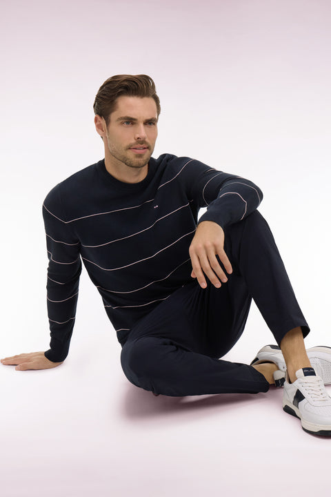 Pull col rond en coton marine rayé - Image 1