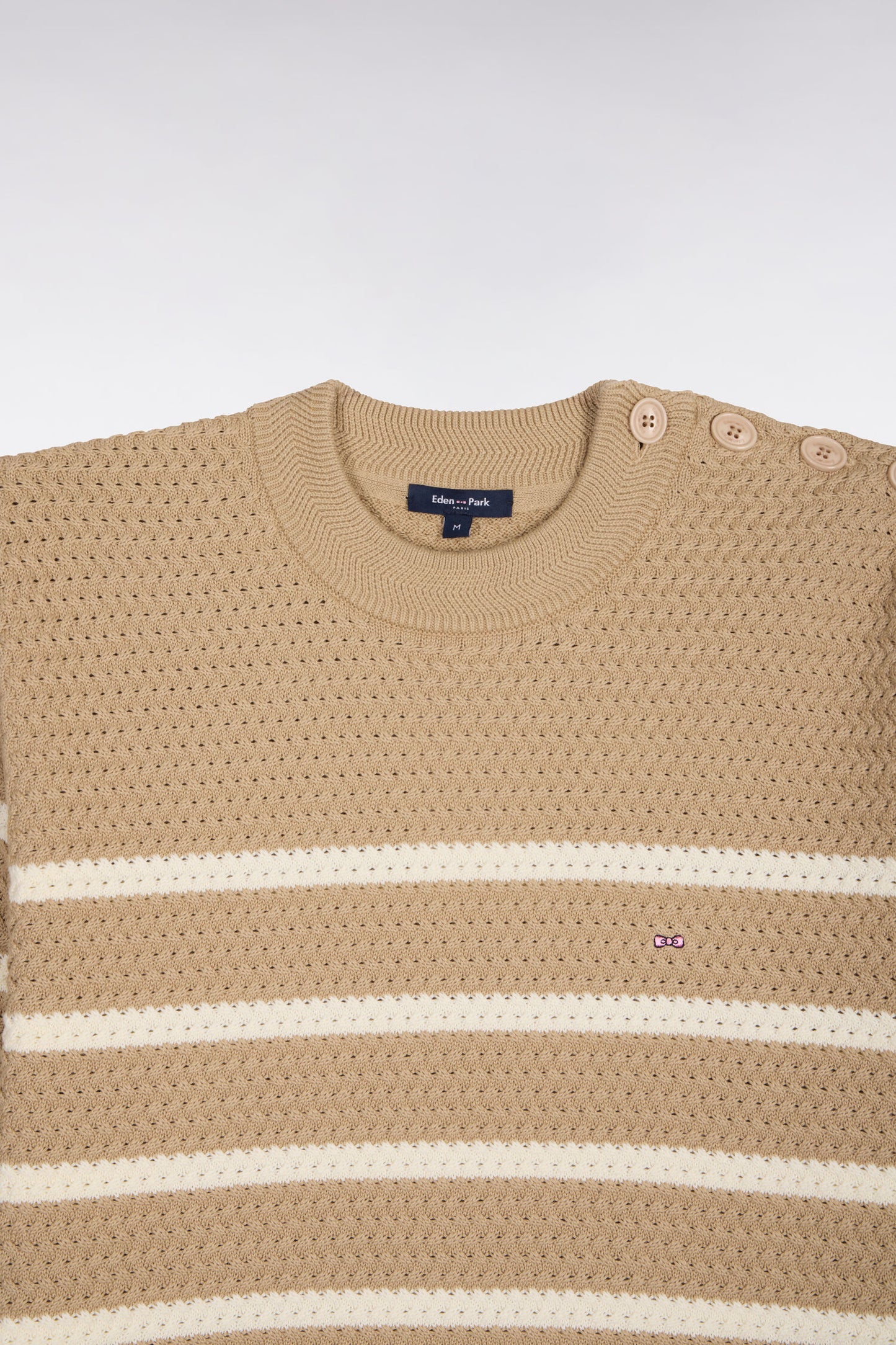 Pull marin à épaule boutonnée en coton chevron beige