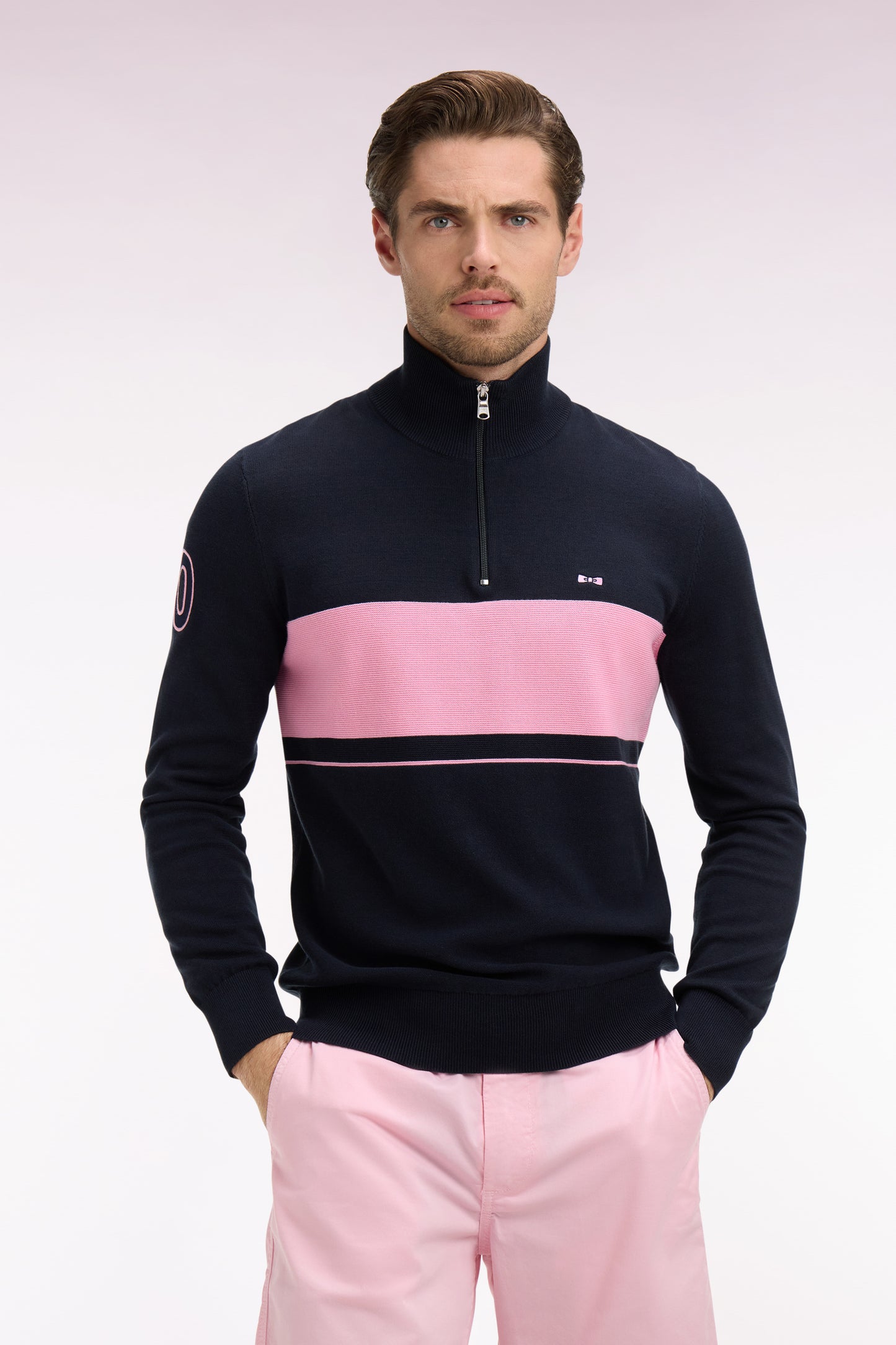 Pull col maillot en coton marine à rayure rugby rose