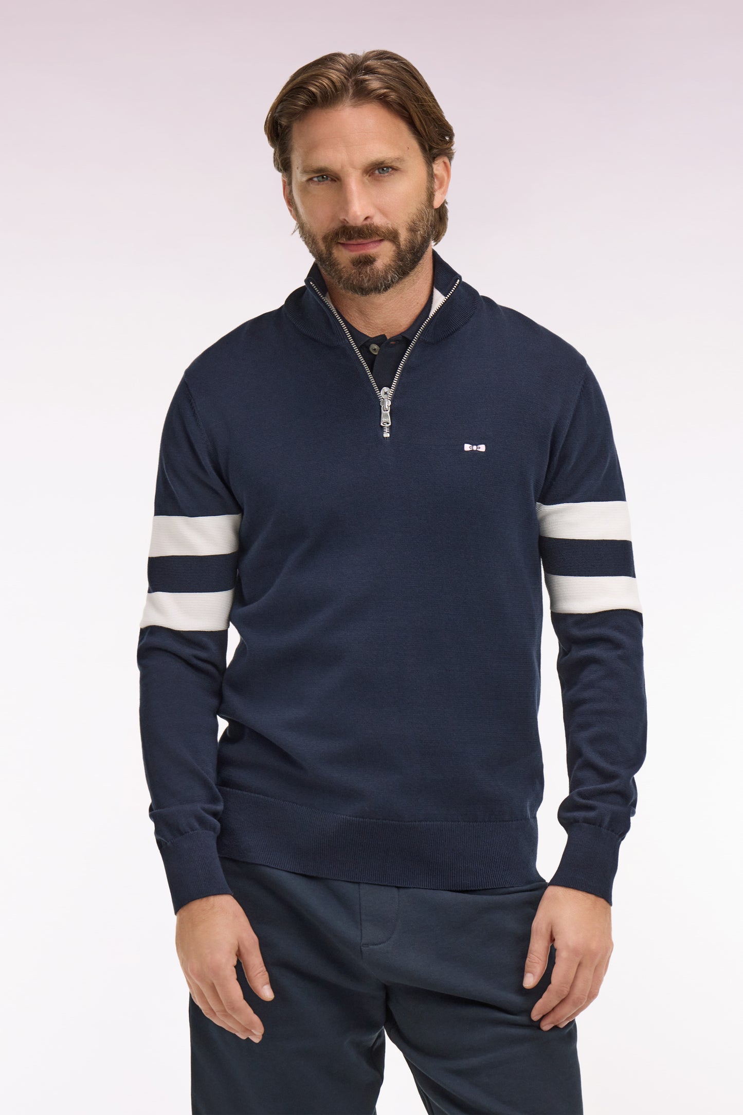 Pull col maillot en coton marine à double rayures manches