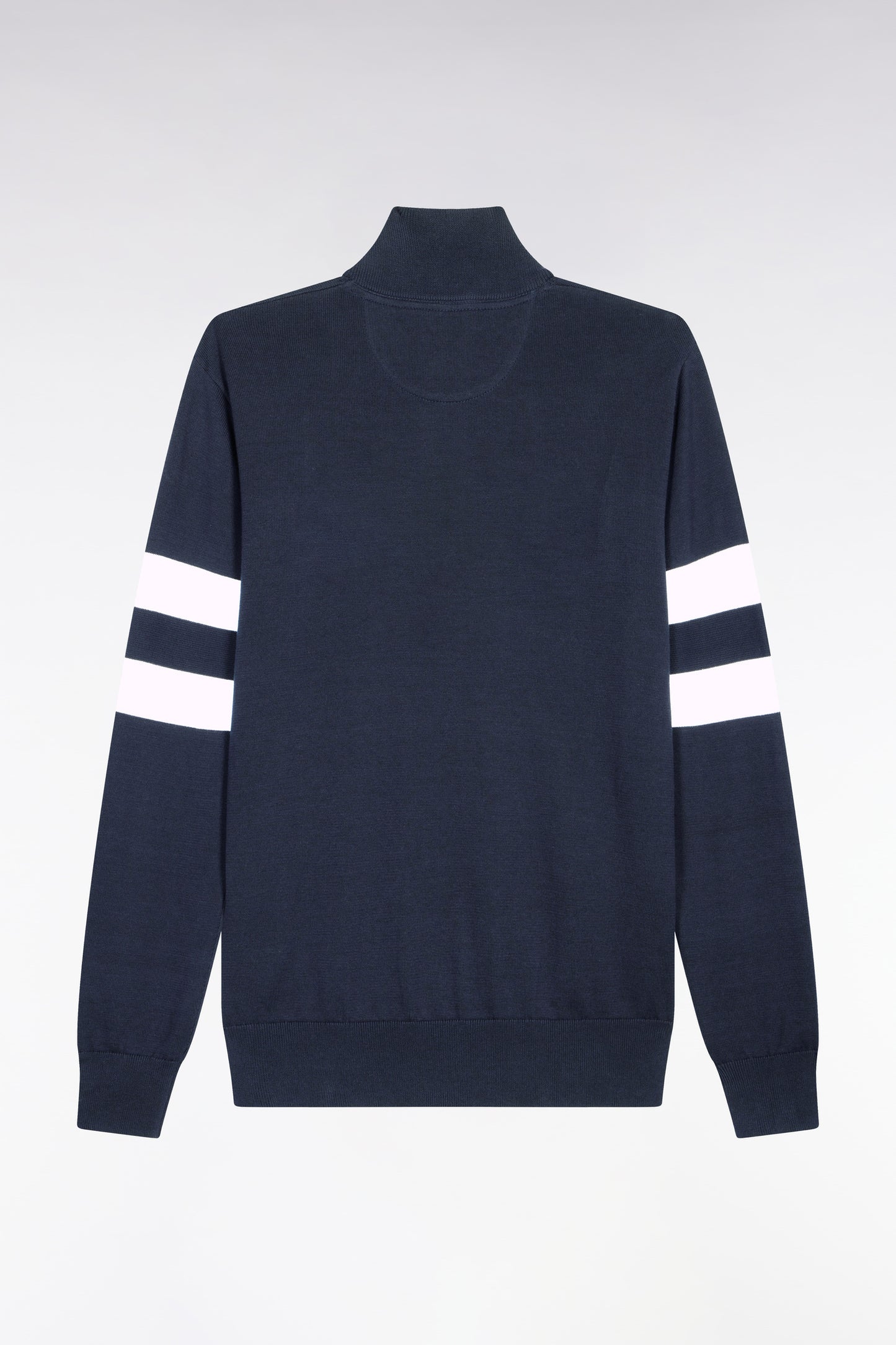 Navy cotton sweater with jersey collar and double-striped sleeves
