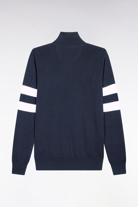 Navy cotton sweater with jersey collar and double-striped sleeves - Image 2