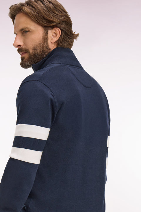 Navy cotton sweater with jersey collar and double-striped sleeves - Image 3