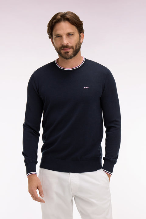 Pull col rond en coton marine à rayures fines - Image 1