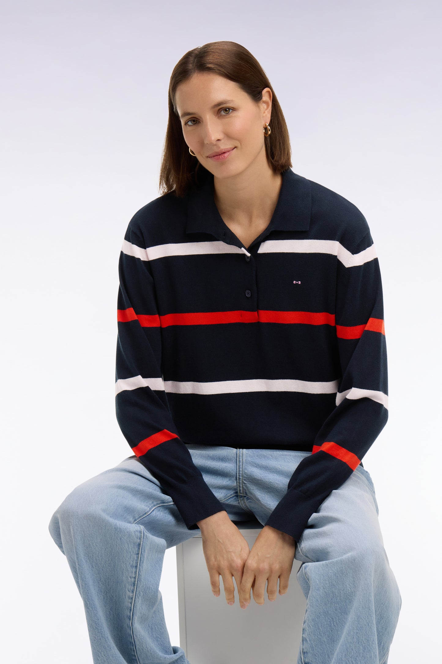 Navy cotton and silk blend striped jersey sweater