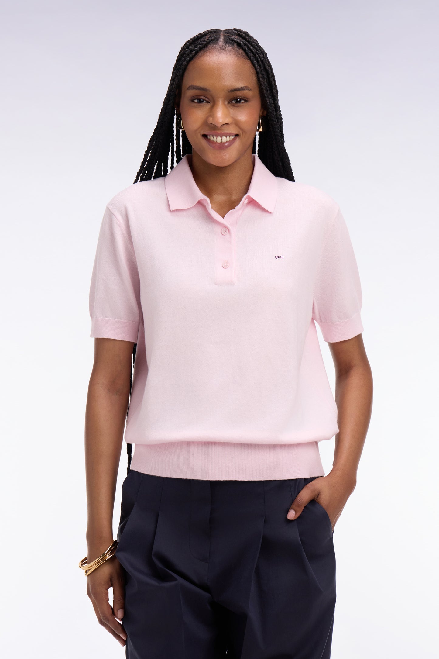 Pull polo à manches courtes en coton et soie mélangés rose coupe regular