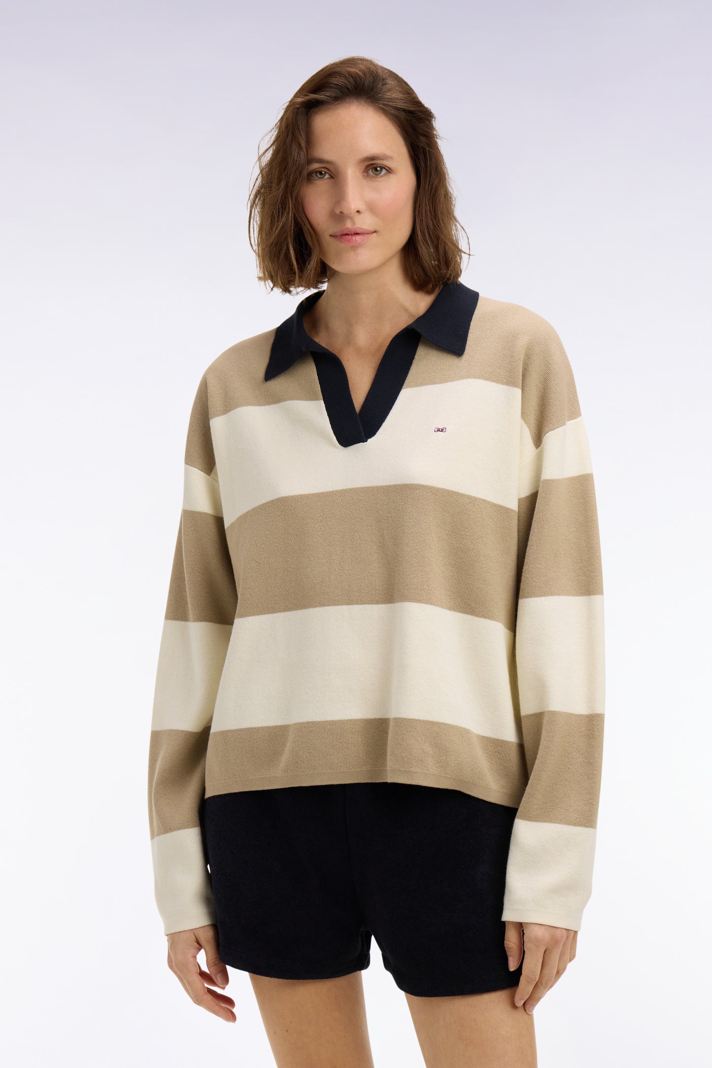Polo collar sweater in beige and ecru striped cotton oversized cut