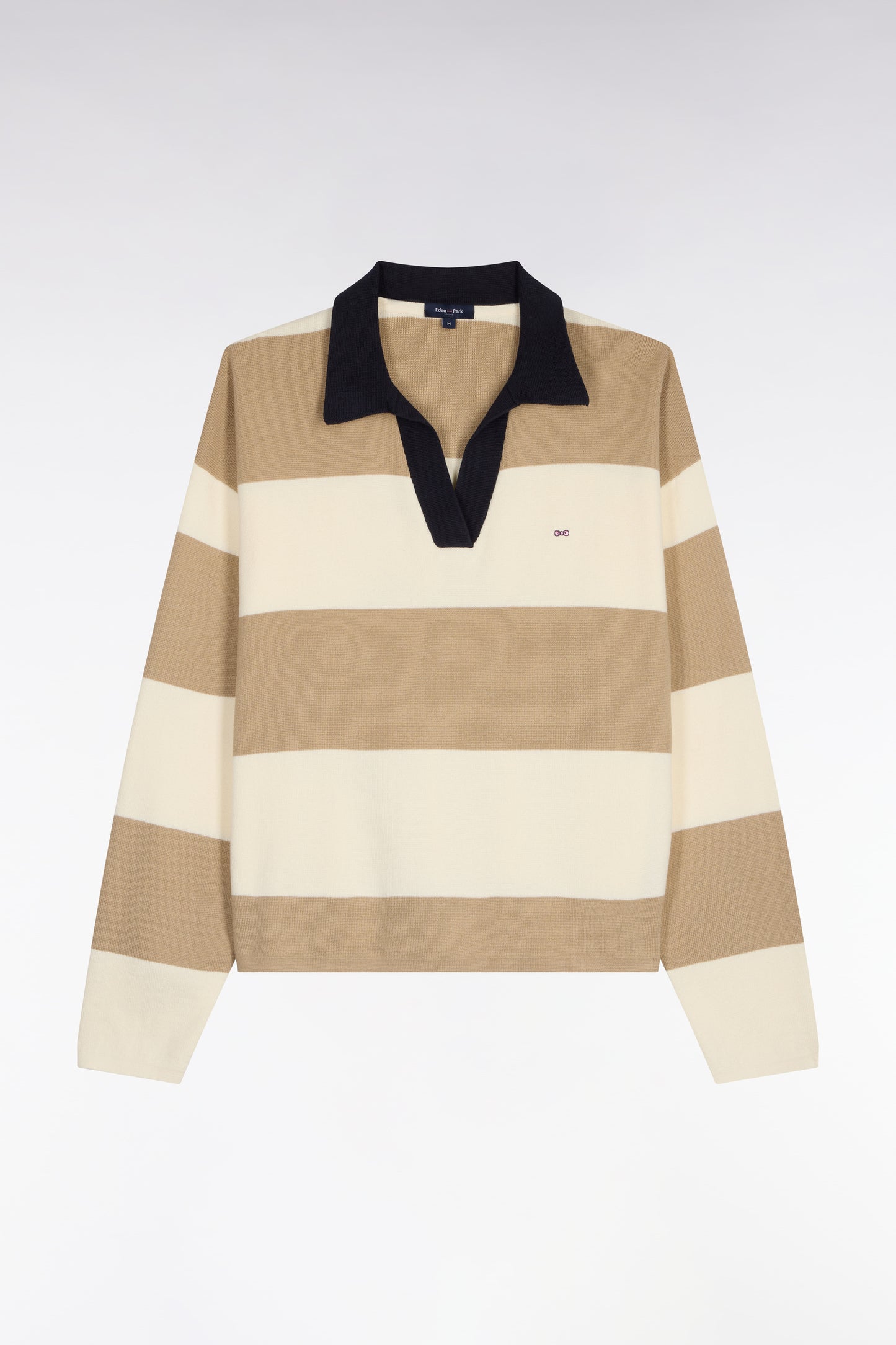 Polo collar sweater in beige and ecru striped cotton oversized cut