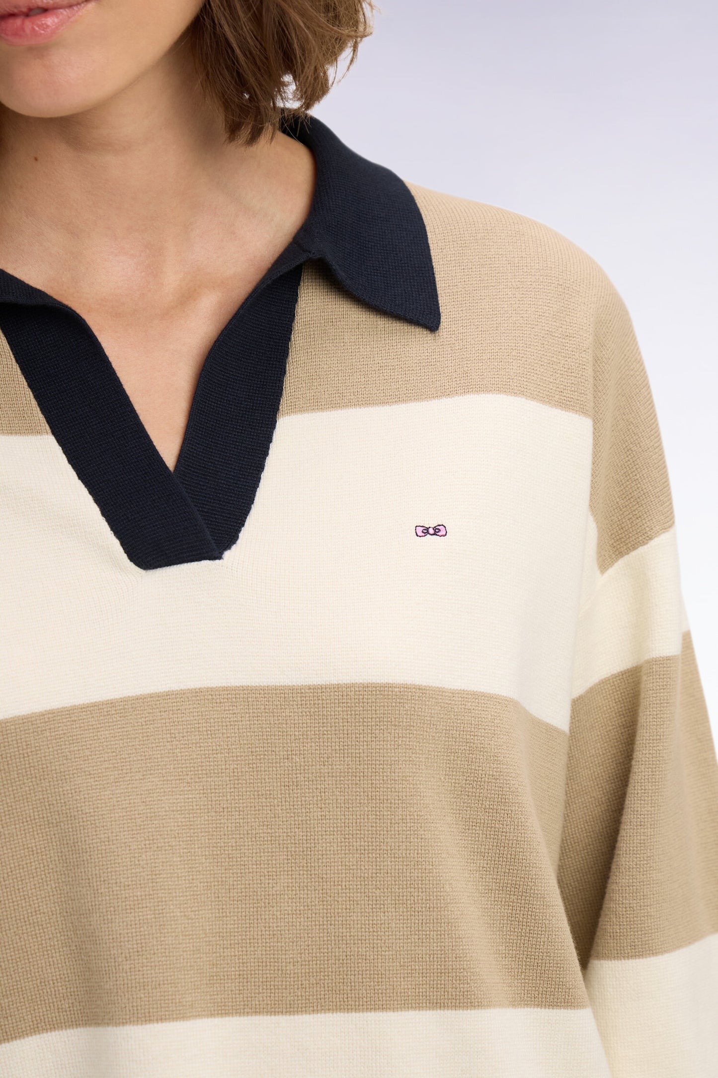 Polo collar sweater in beige and ecru striped cotton oversized cut