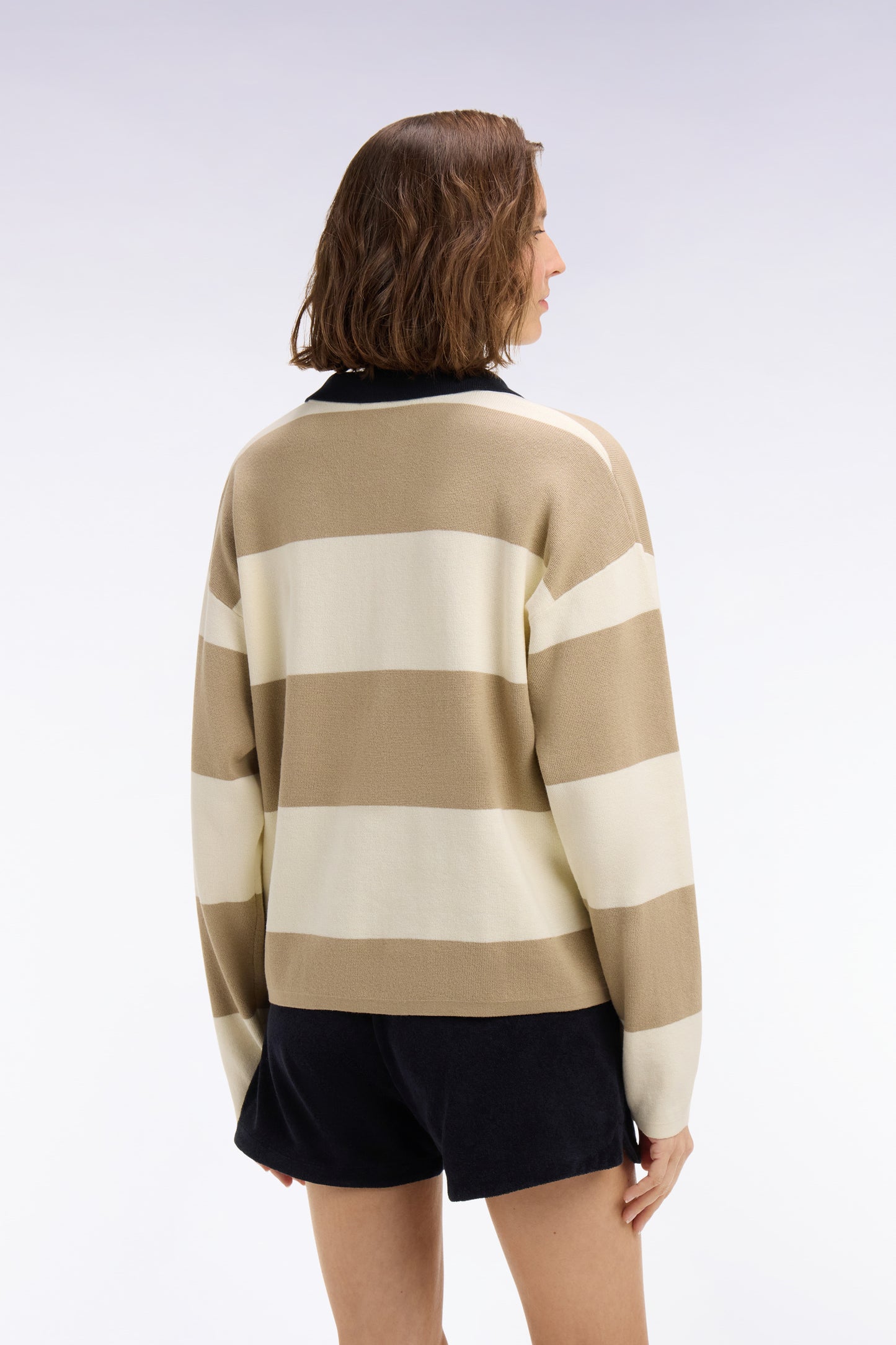 Polo collar sweater in beige and ecru striped cotton oversized cut