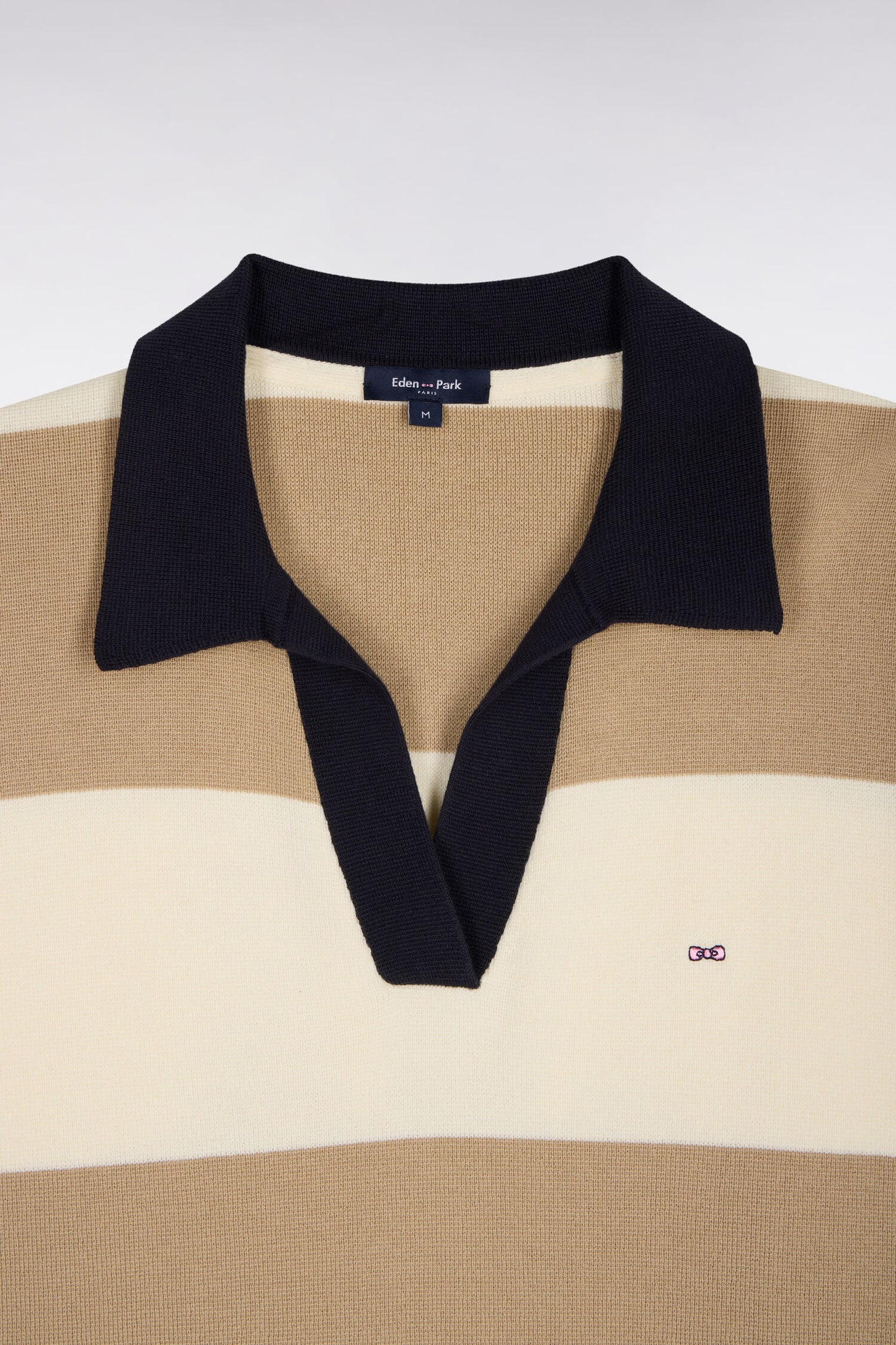 Polo collar sweater in beige and ecru striped cotton oversized cut