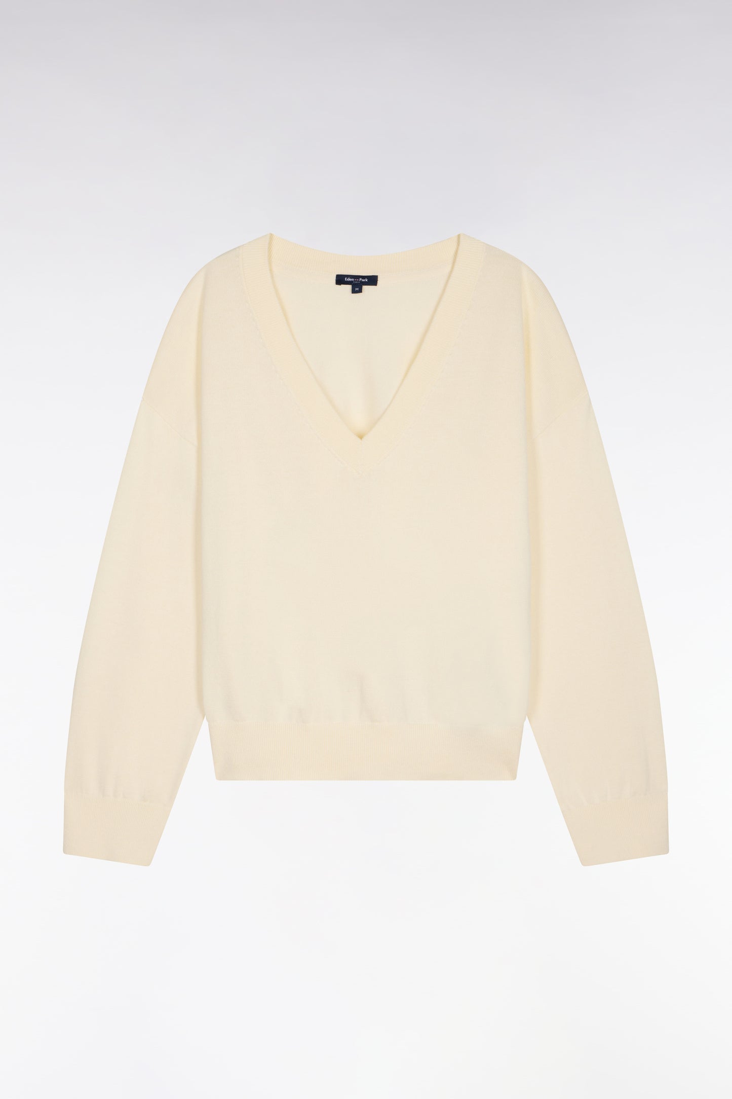Oversized cut ecru cotton V-neck sweater