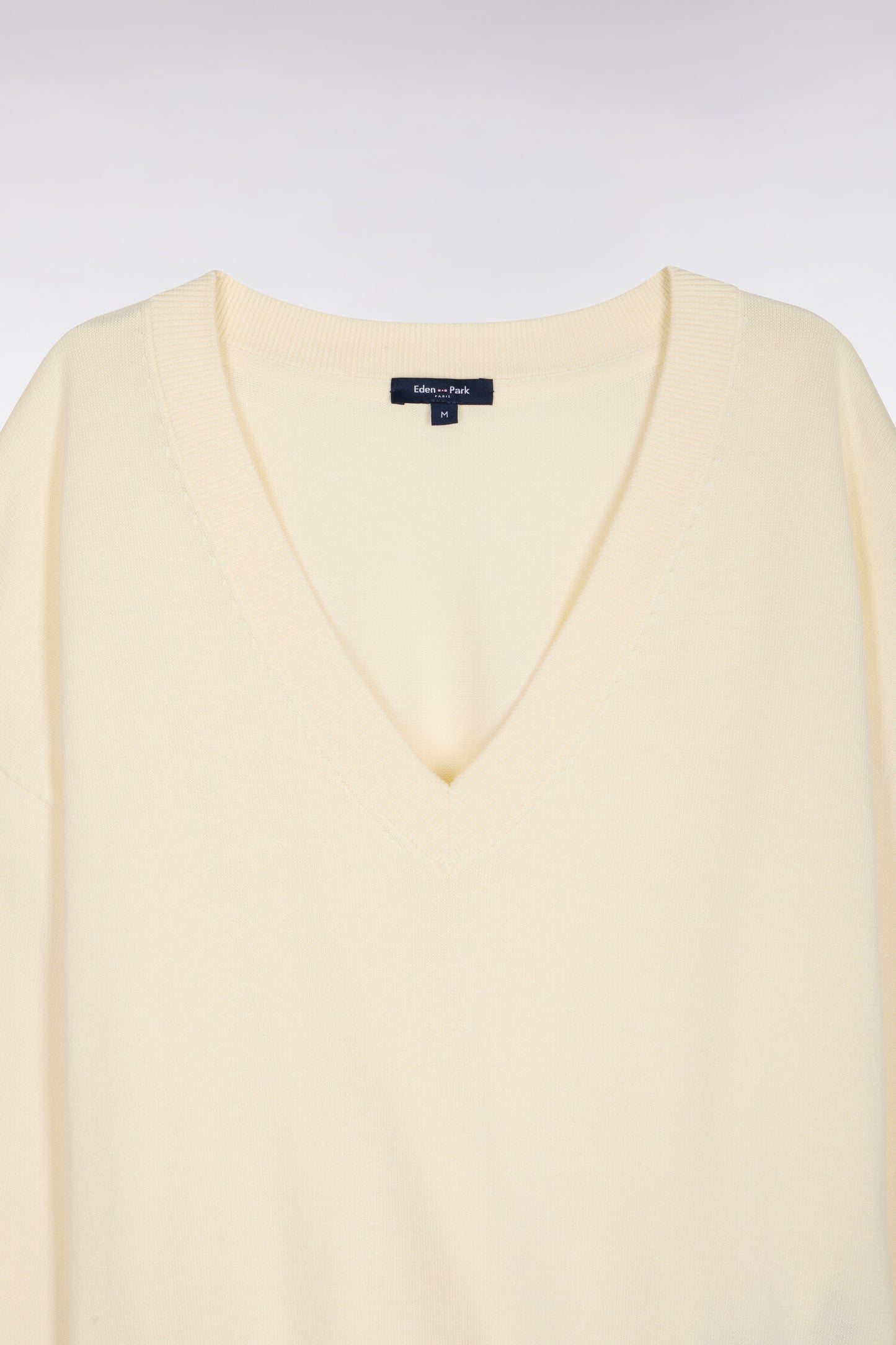 Oversized cut ecru cotton V-neck sweater