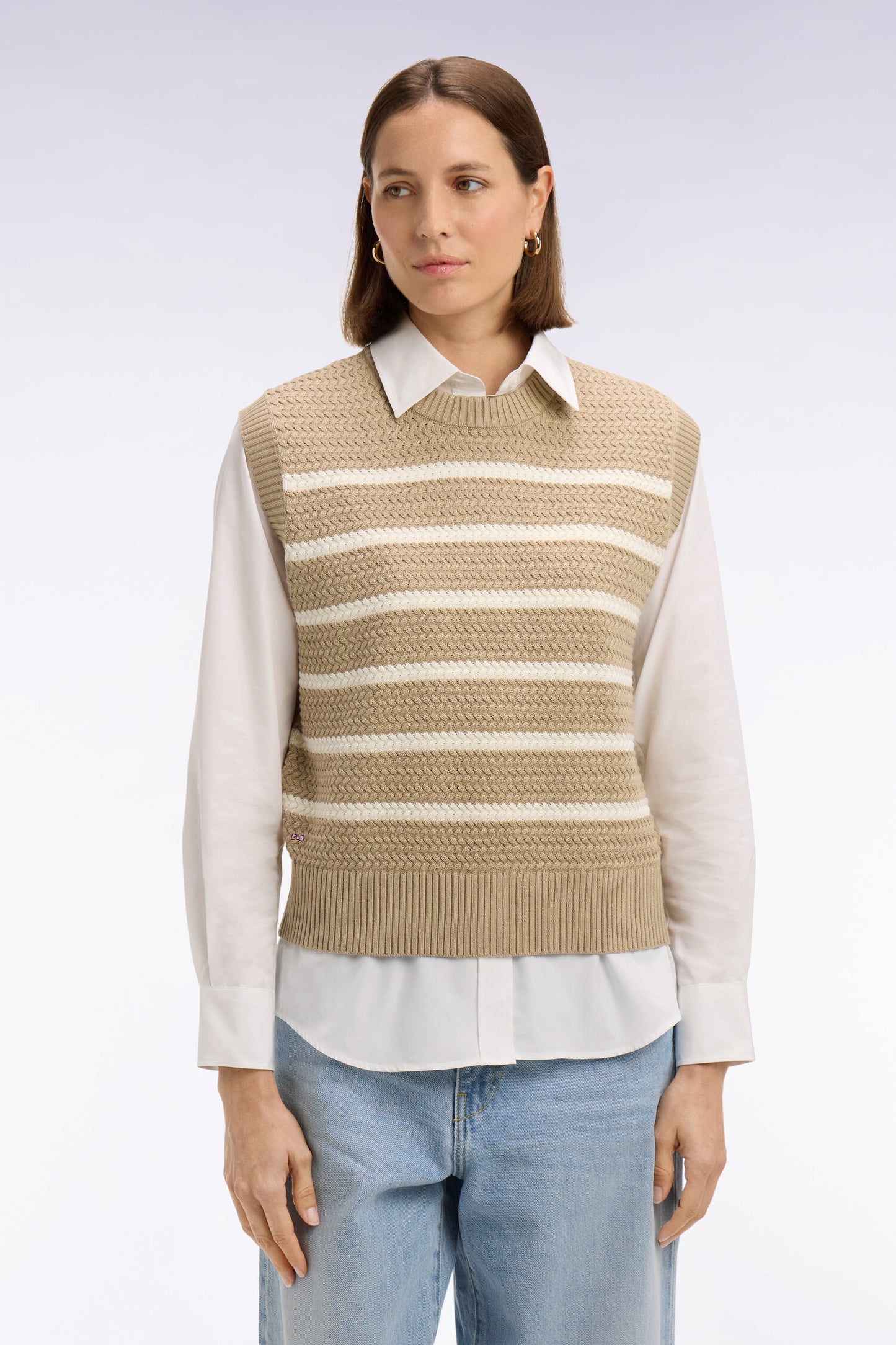 Sleeveless sailor sweater in beige braided cotton