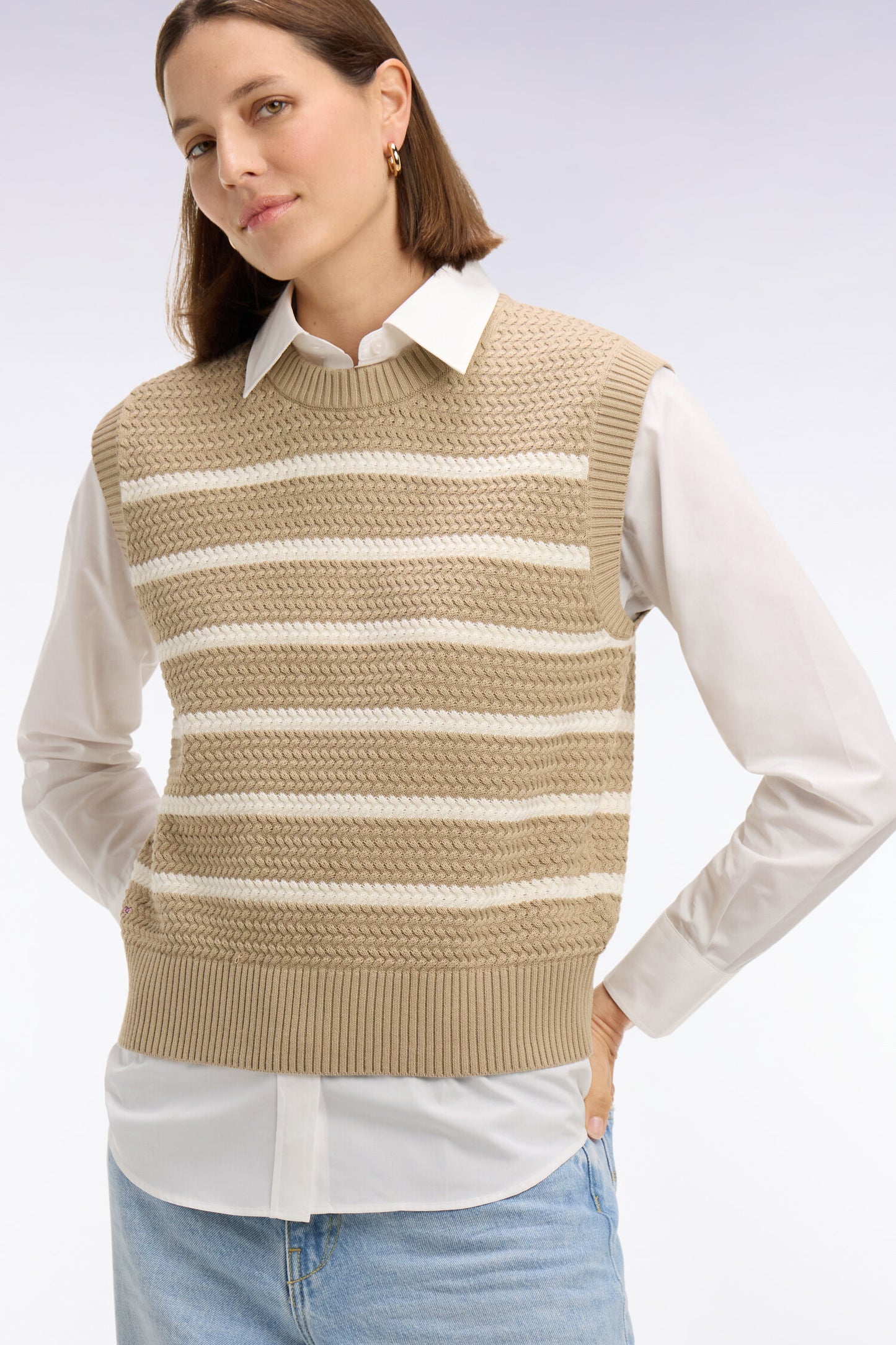 Sleeveless sailor sweater in beige braided cotton