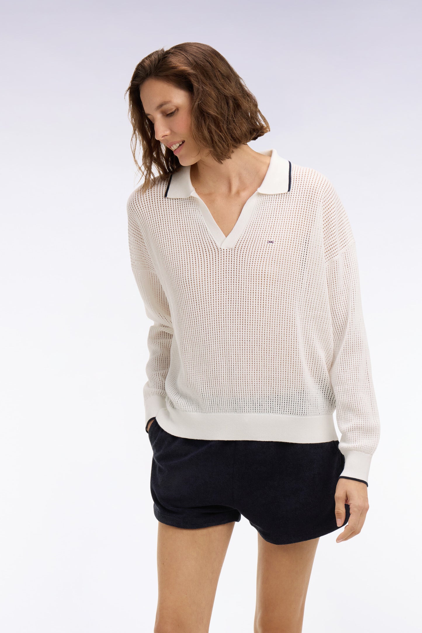 White cotton polo collar sweater