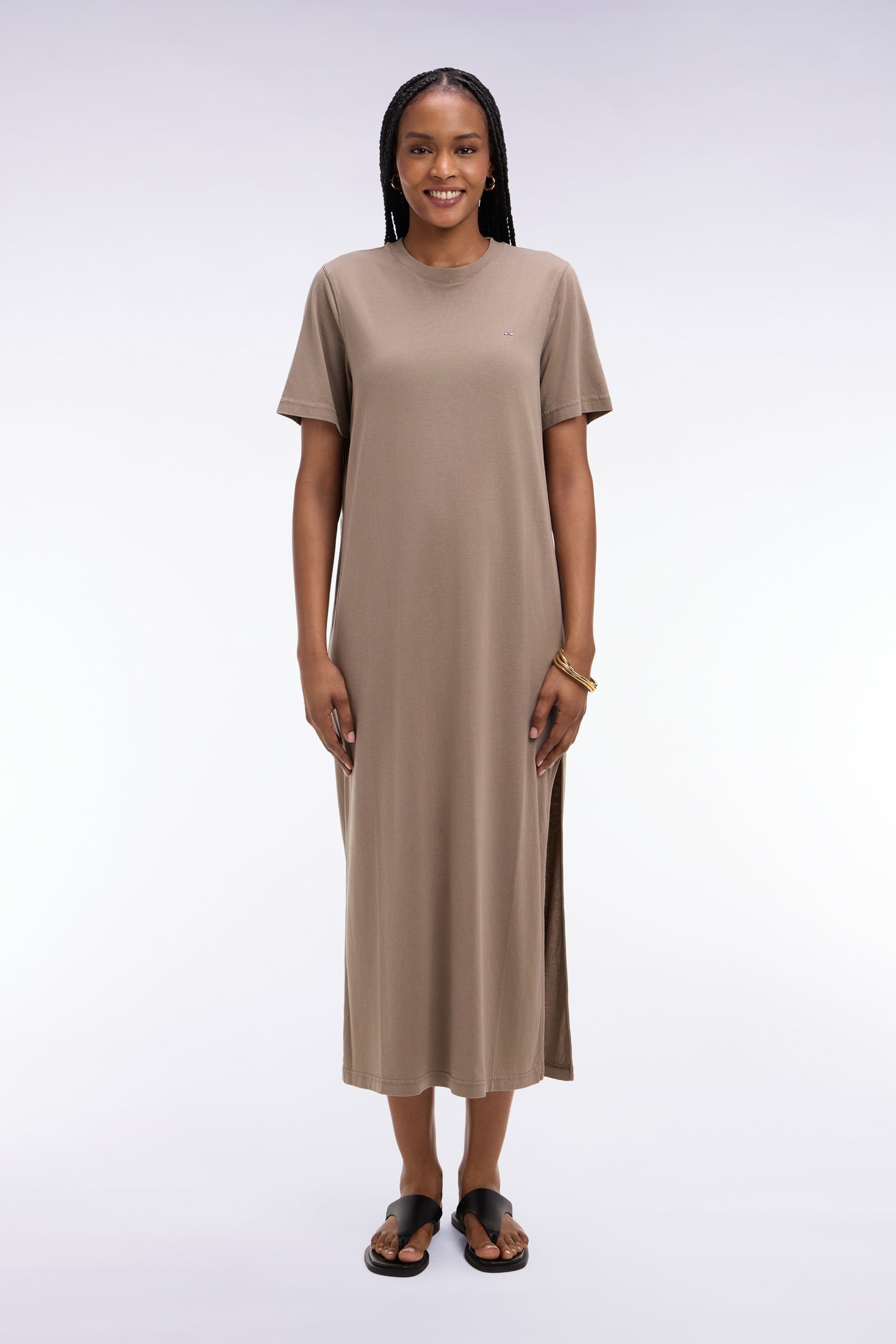 Beige straight cut lyocell and cotton T-shirt dress