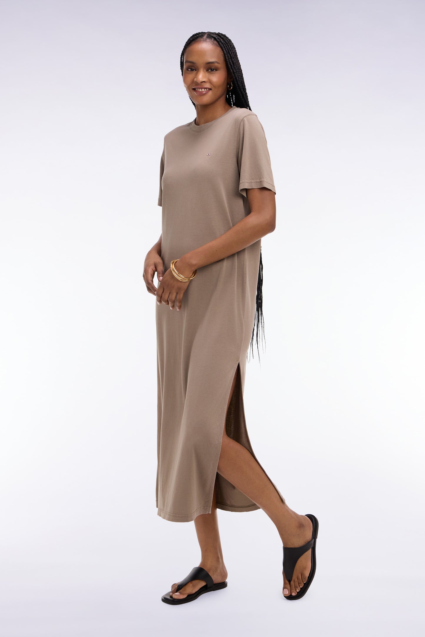 Beige straight cut lyocell and cotton T-shirt dress