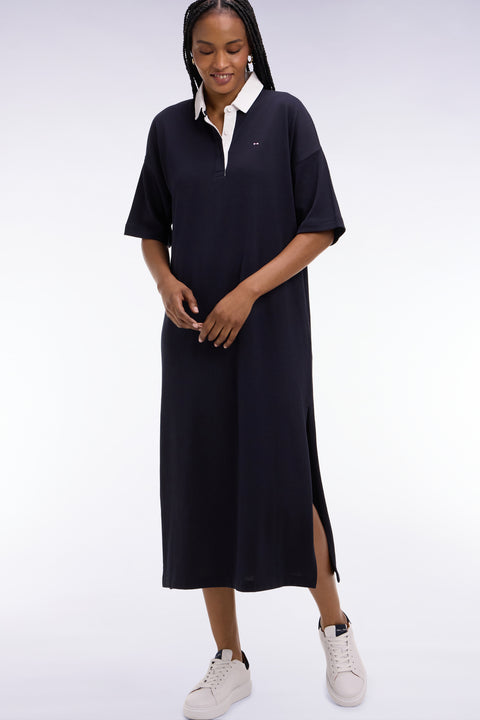 Robe polo en coton marine à col blanc - Image 1