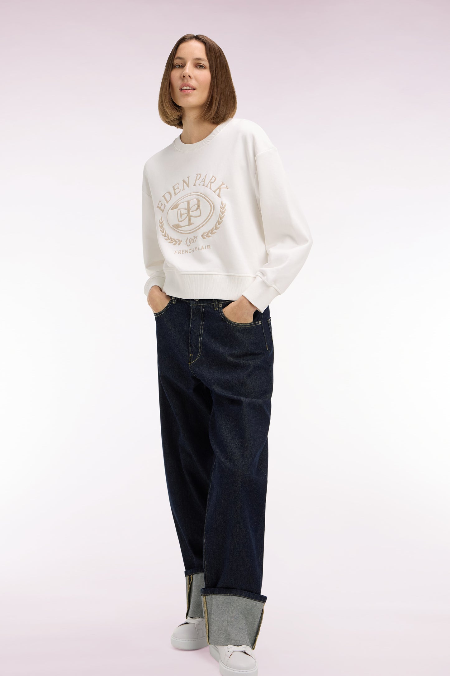 Sweatshirt en coton écru brodé coupe relaxed