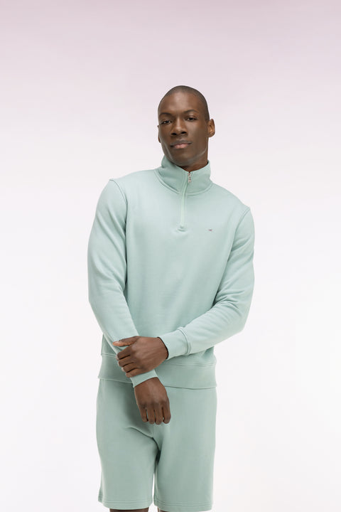 Sweatshirt col camionneur en molleton coton vert d'eau - Image 1