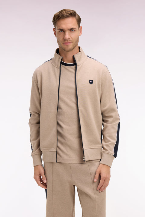 Sweatshirt zippé en interlock beige à découpes contrastées - Image 3