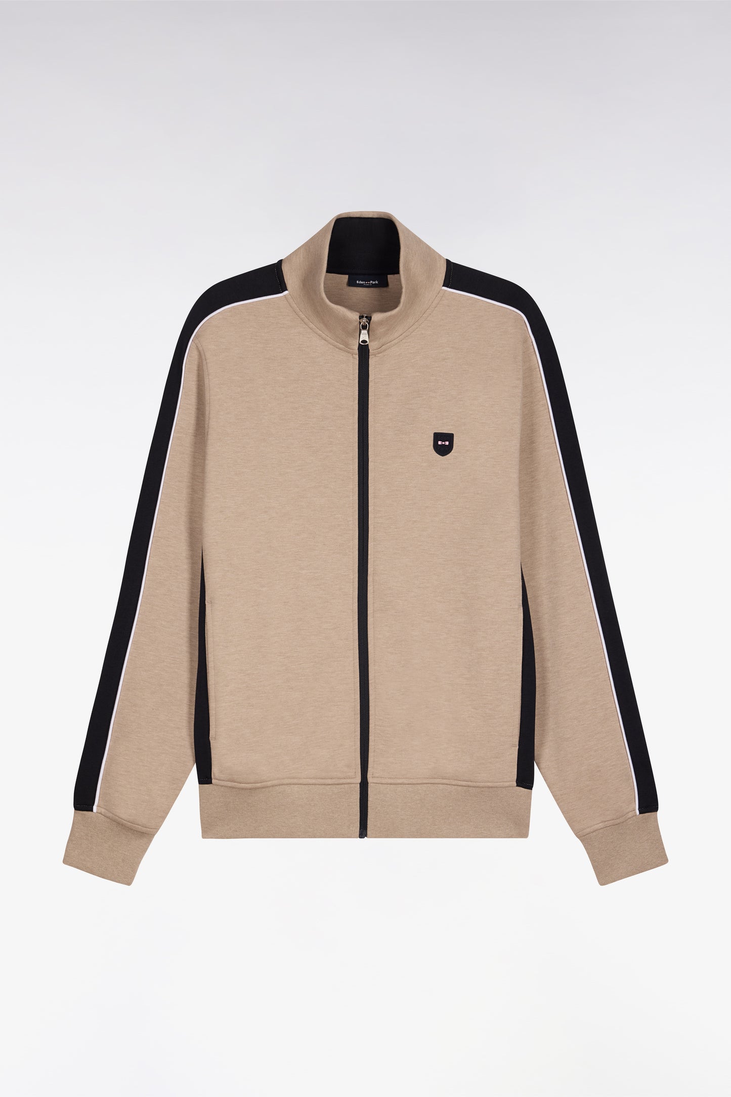 Sweatshirt zippé en interlock beige à découpes contrastées
