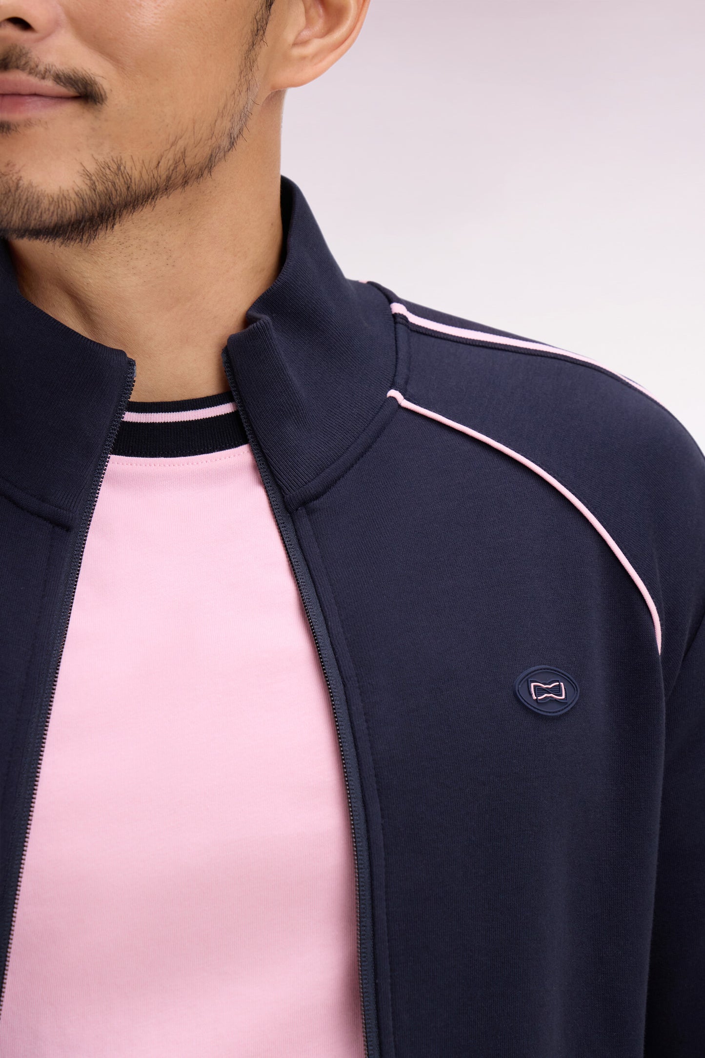 Sweatshirt zippé en interlock marine découpe ruban coupe regular