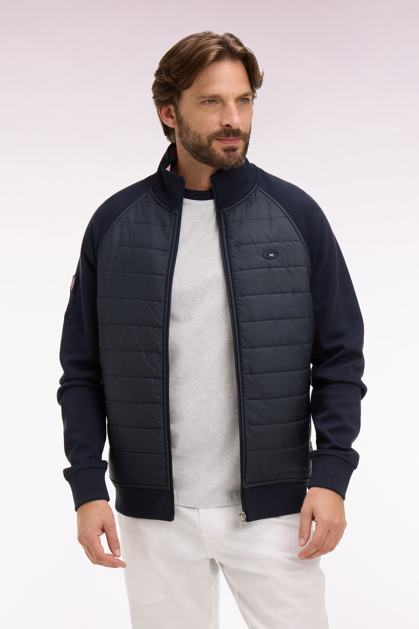 XV de France zipped sweatshirt in navy fleece with quilted facing, regular fit