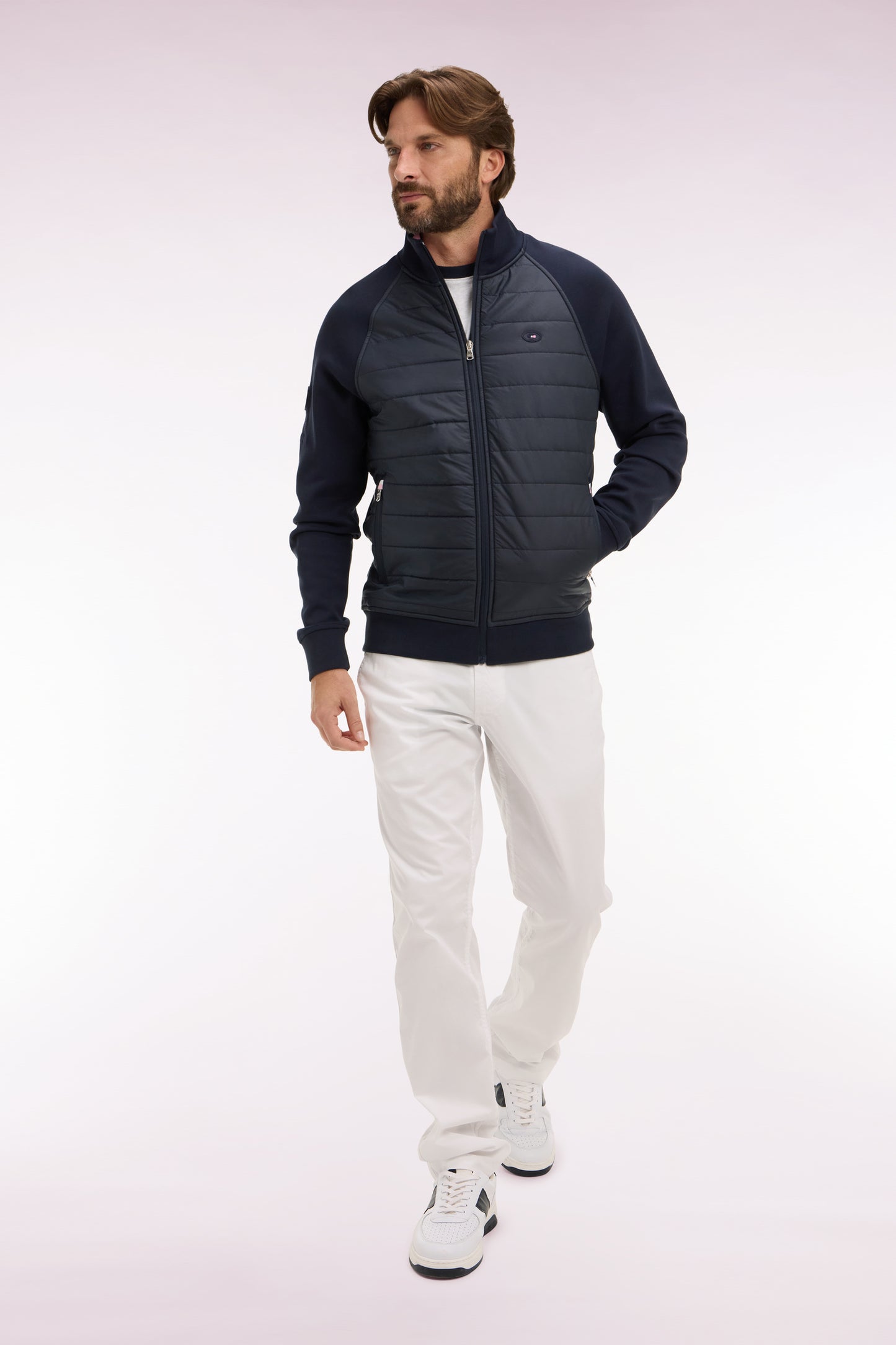 XV de France zipped sweatshirt in navy fleece with quilted facing, regular fit
