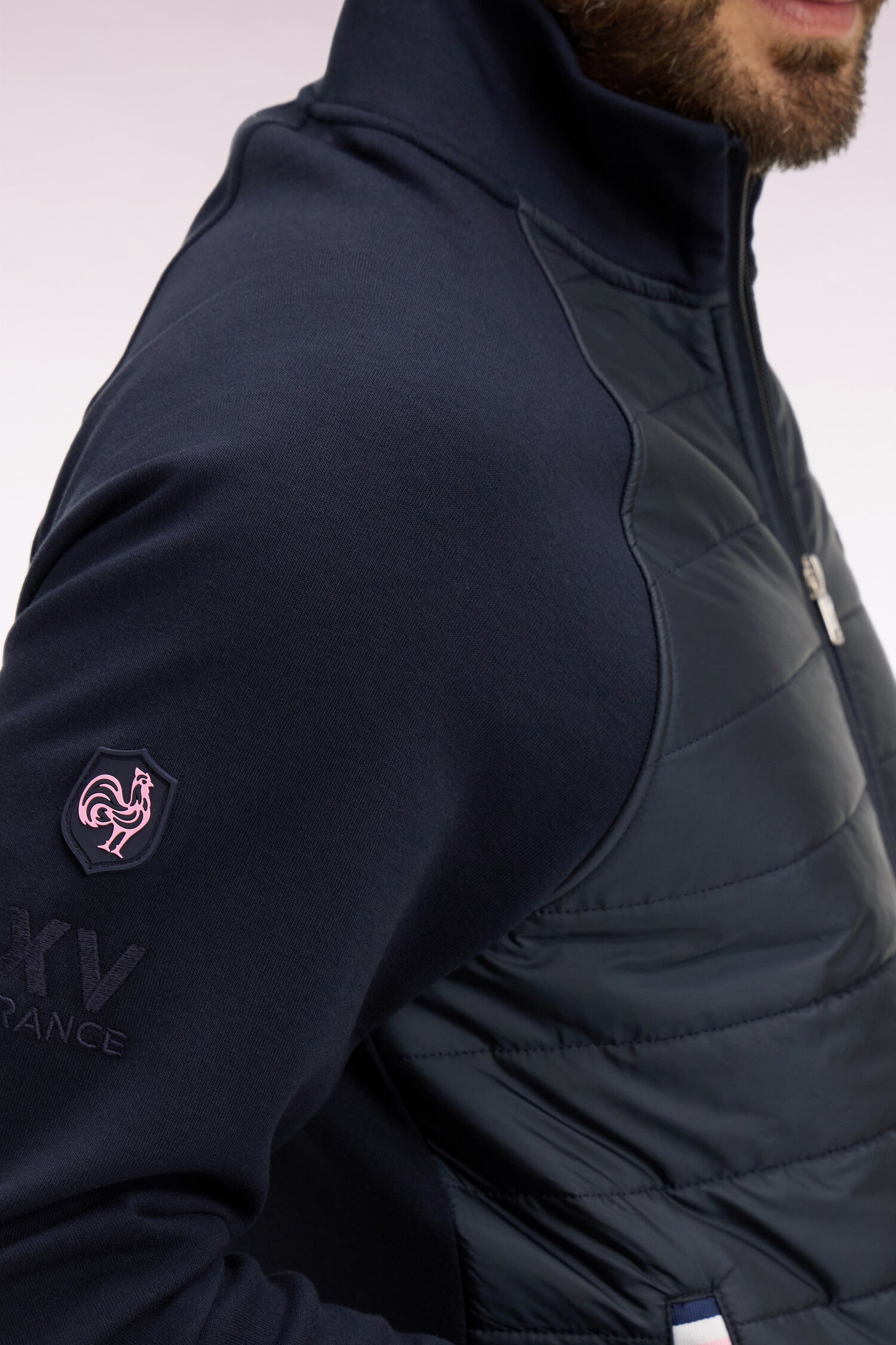 XV de France zipped sweatshirt in navy fleece with quilted facing, regular fit