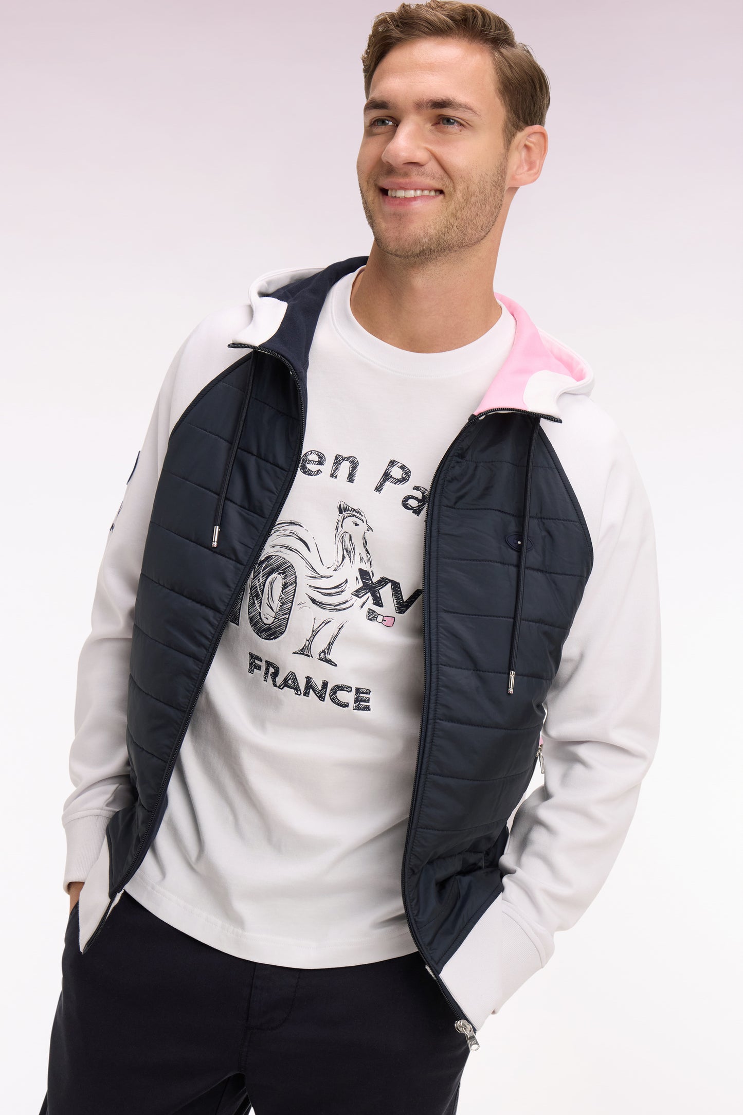 Sweatshirt zippé XV de France à capuche en molleton blanc à parmenture matelassée marine coupe regular