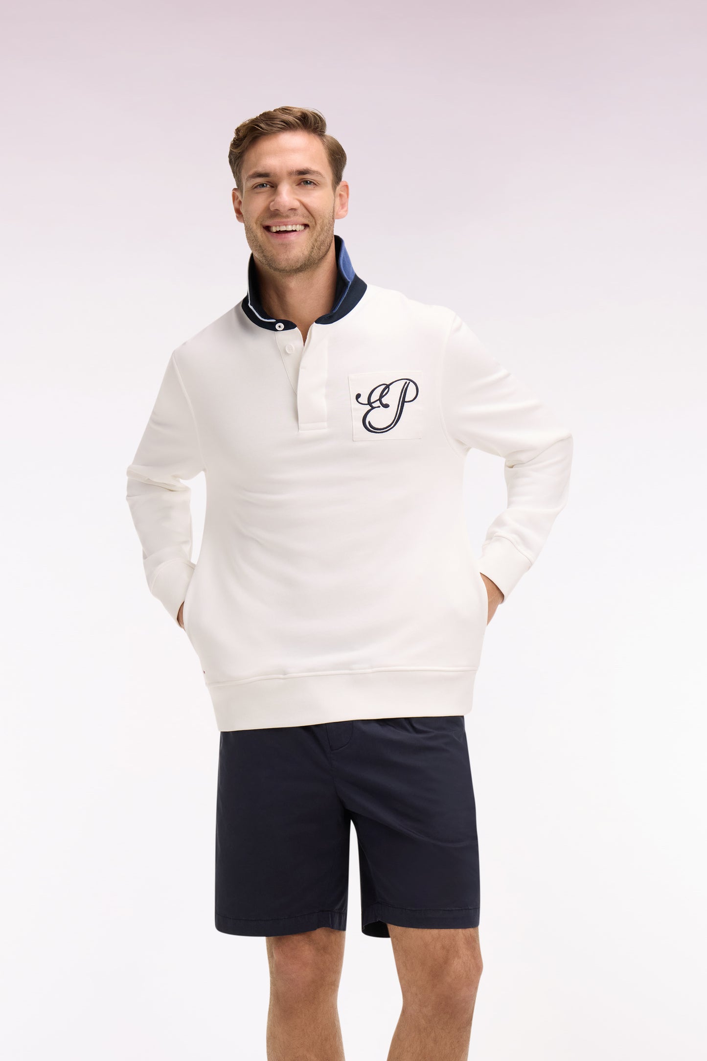 Regular fit jersey collar sweatshirt in embroidered ecru fleece