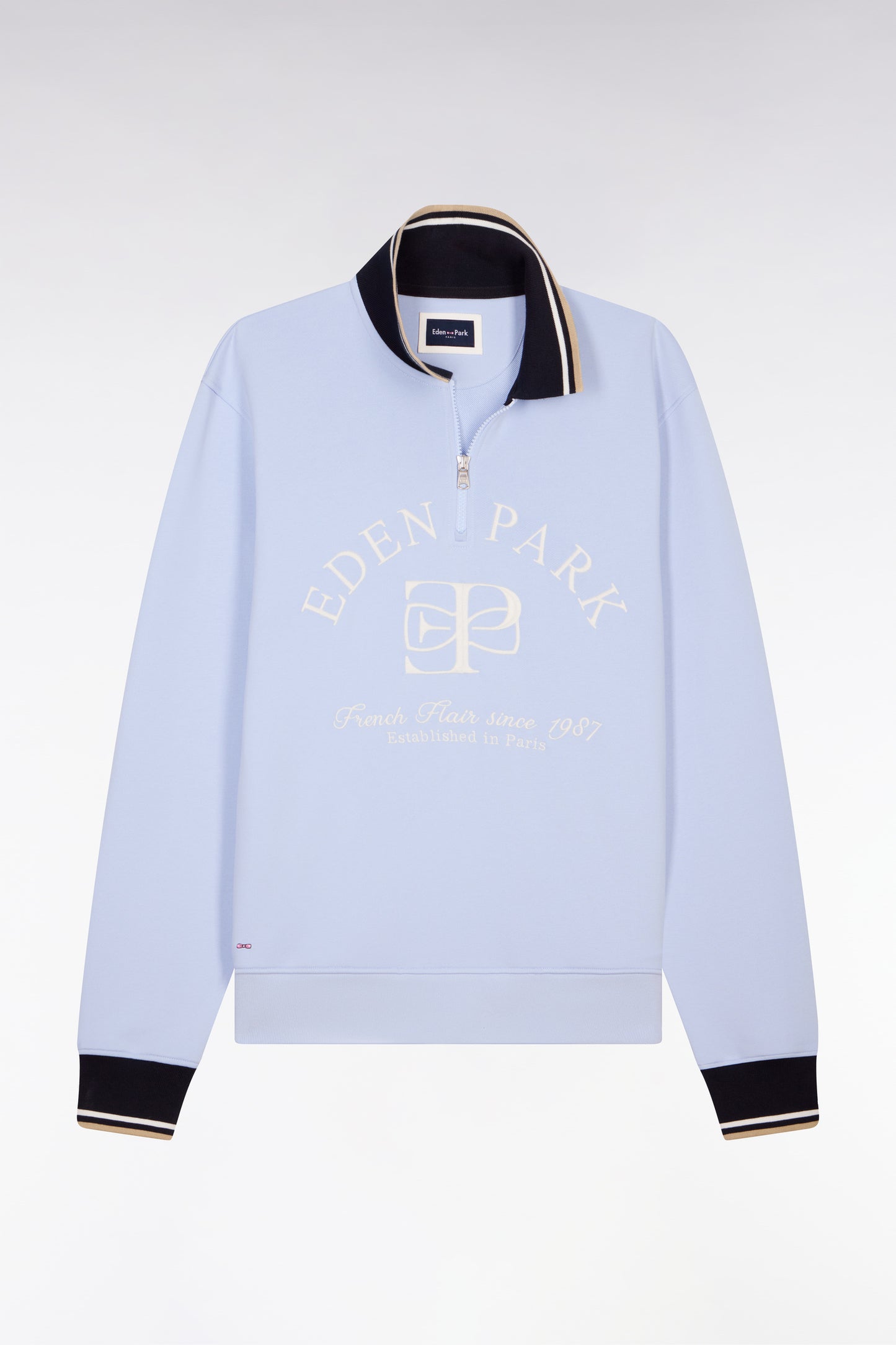 Regular fit light blue embroidered zip-neck sweatshirt